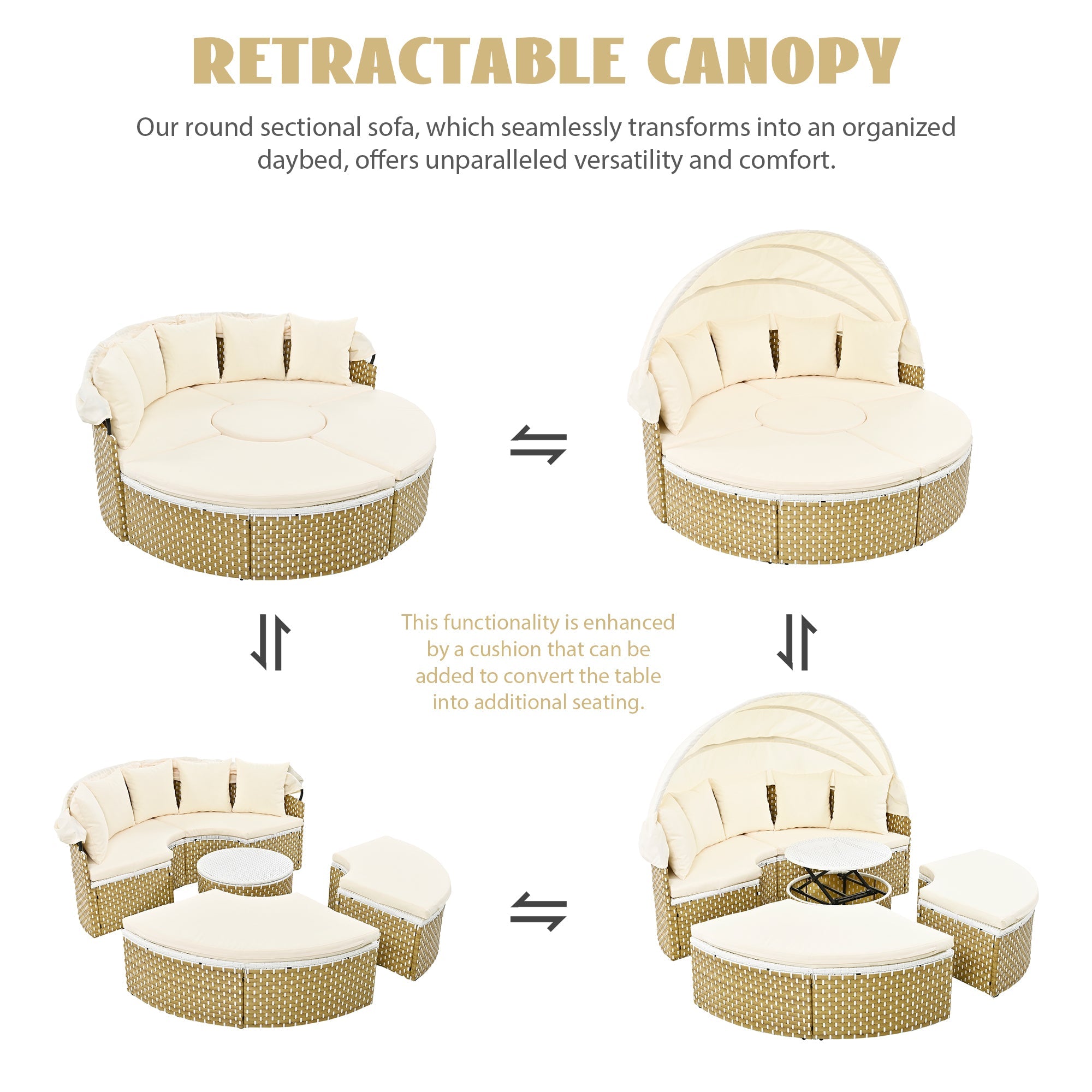 Outdoor Sectional Sofa PE Rattan Gray with Canopy