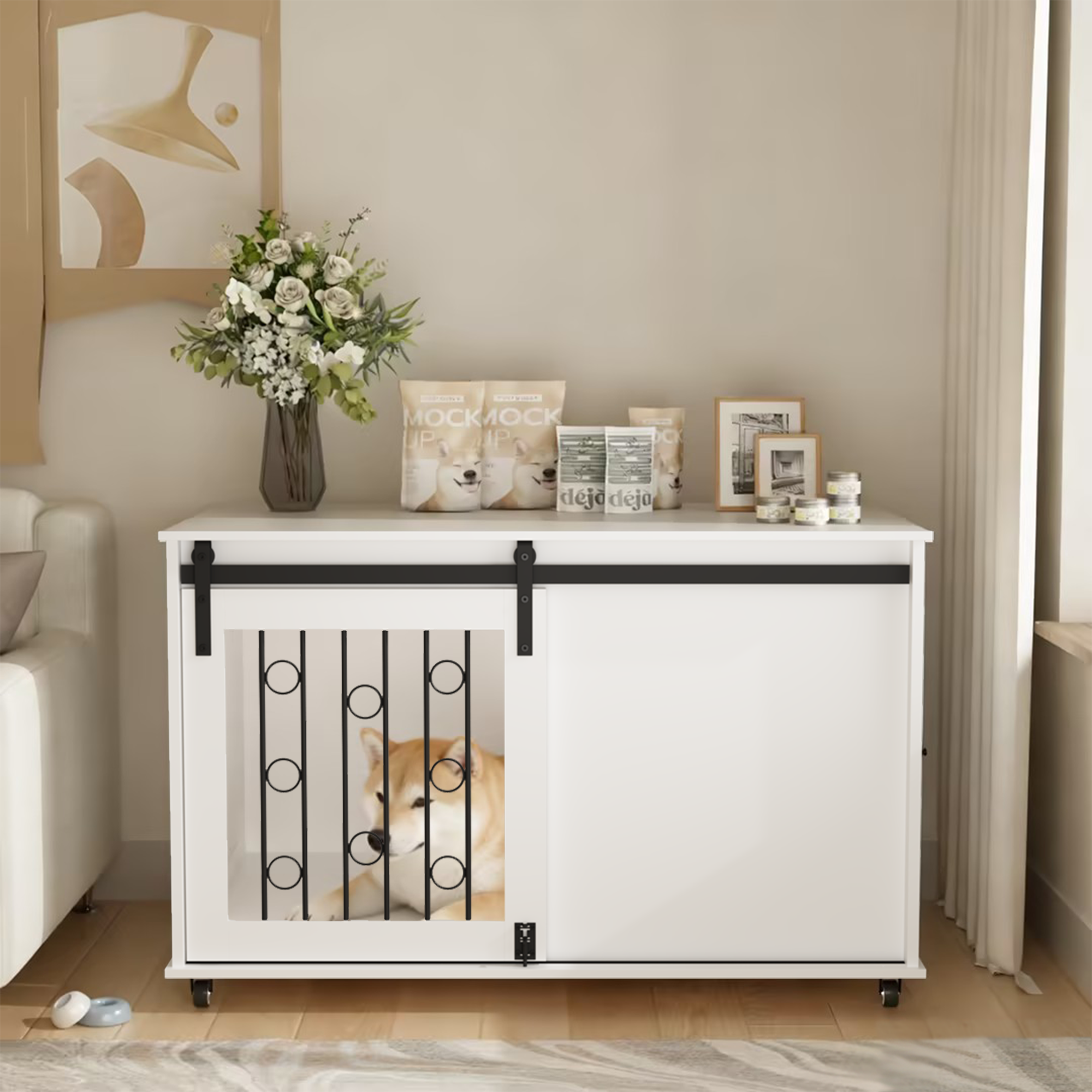 Modern Wooden Dog Crate with Sliding Barn Door