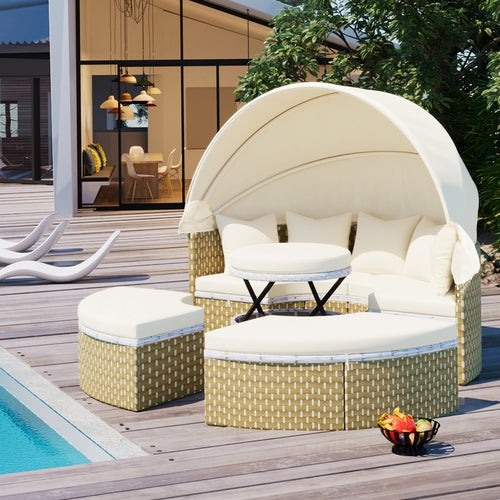 Outdoor Sectional Sofa PE Rattan Gray with Canopy
