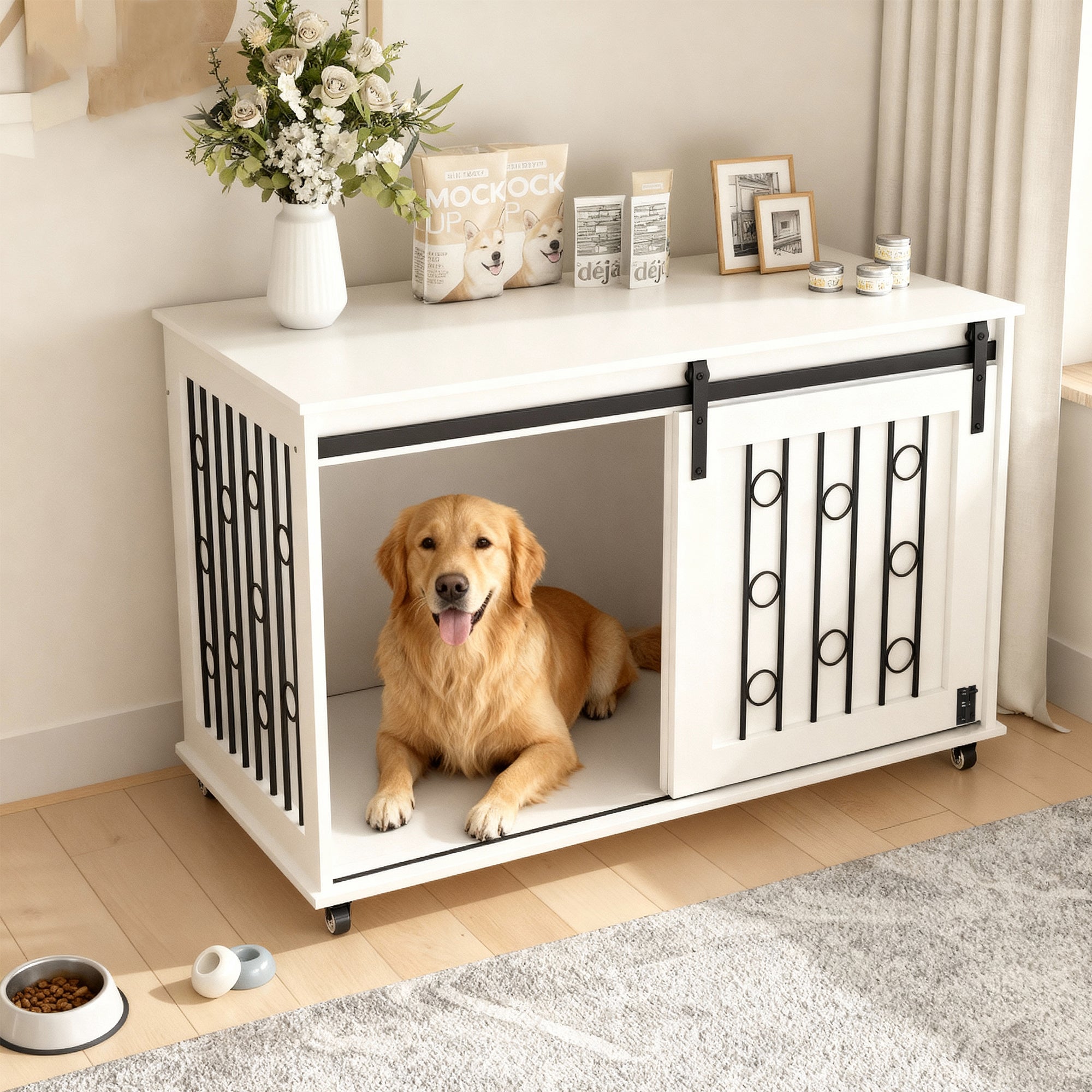Modern Wooden Dog Crate with Sliding Barn Door