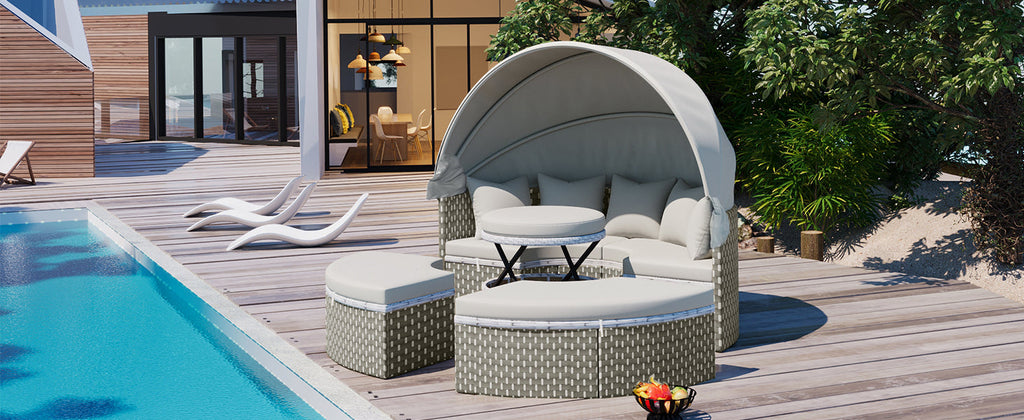 Outdoor Sectional Sofa PE Rattan Gray with Canopy