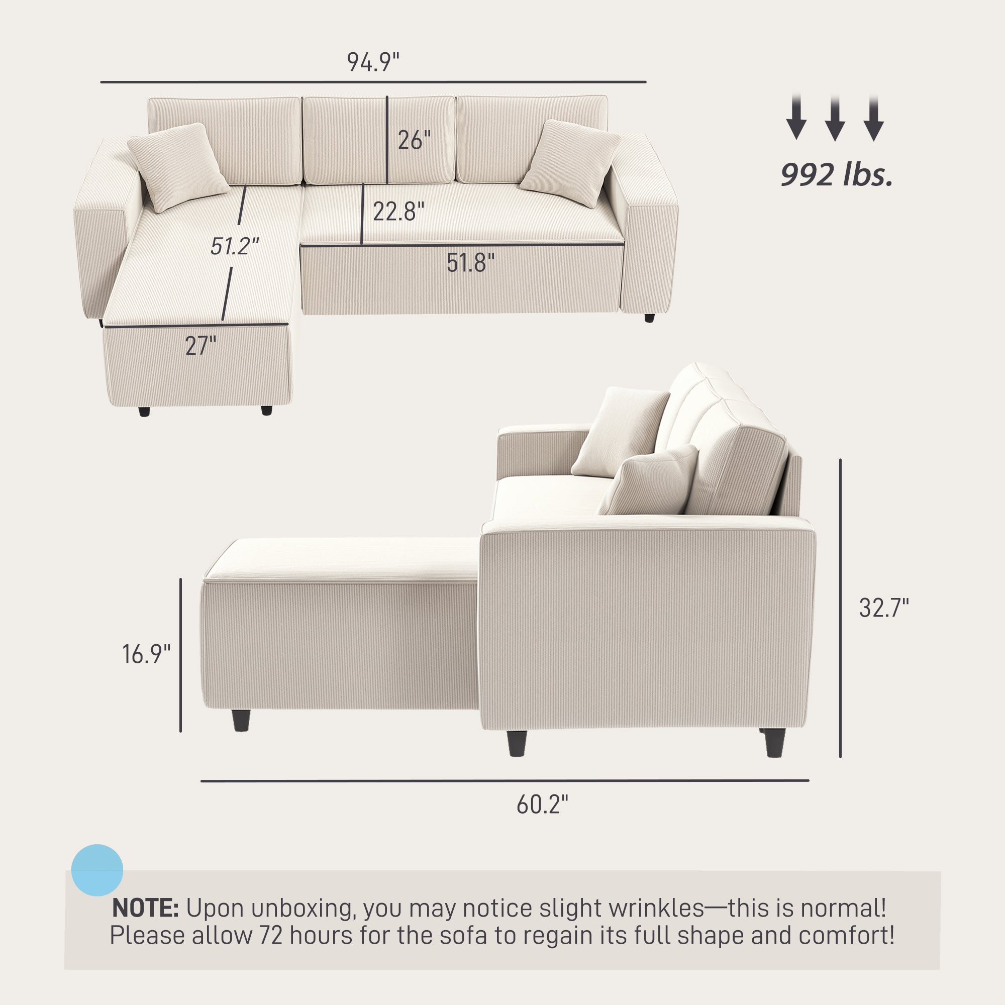 Corduroy Sofa With Reversible Chaise
