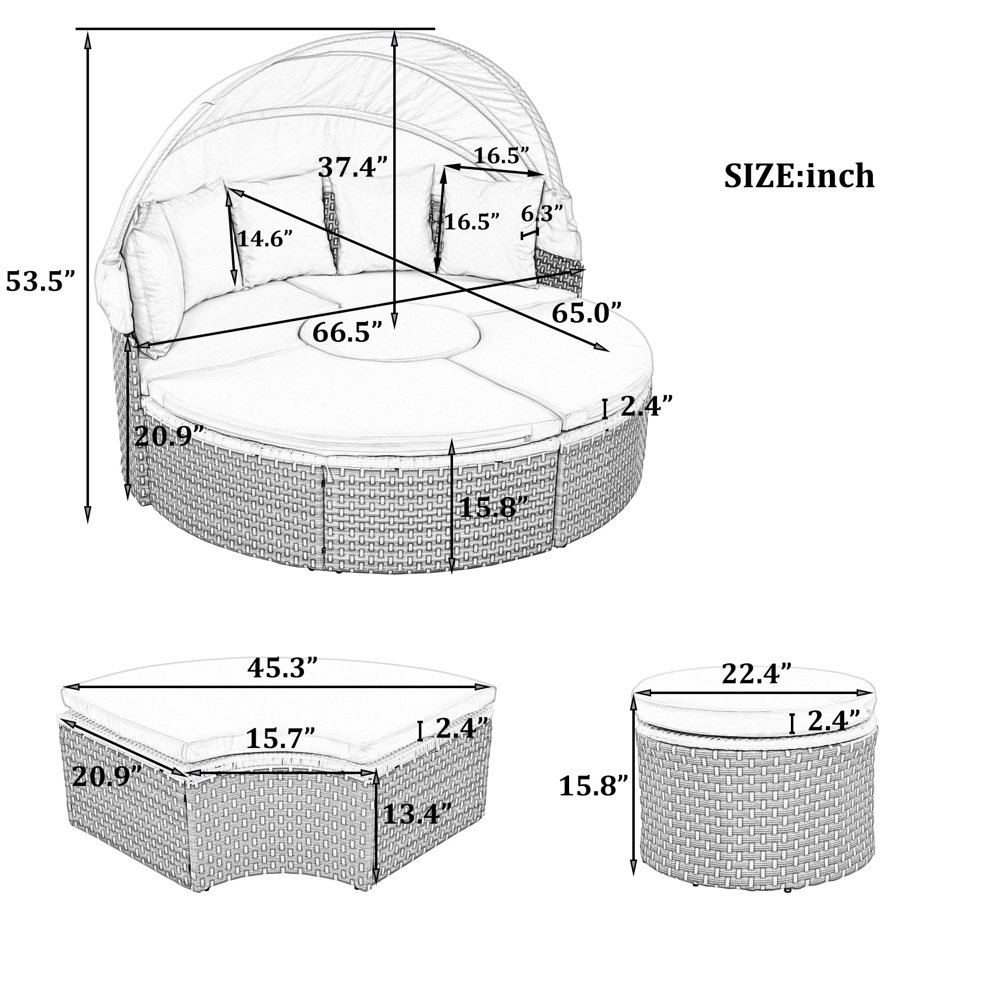 Outdoor Sectional Sofa PE Rattan Gray with Canopy