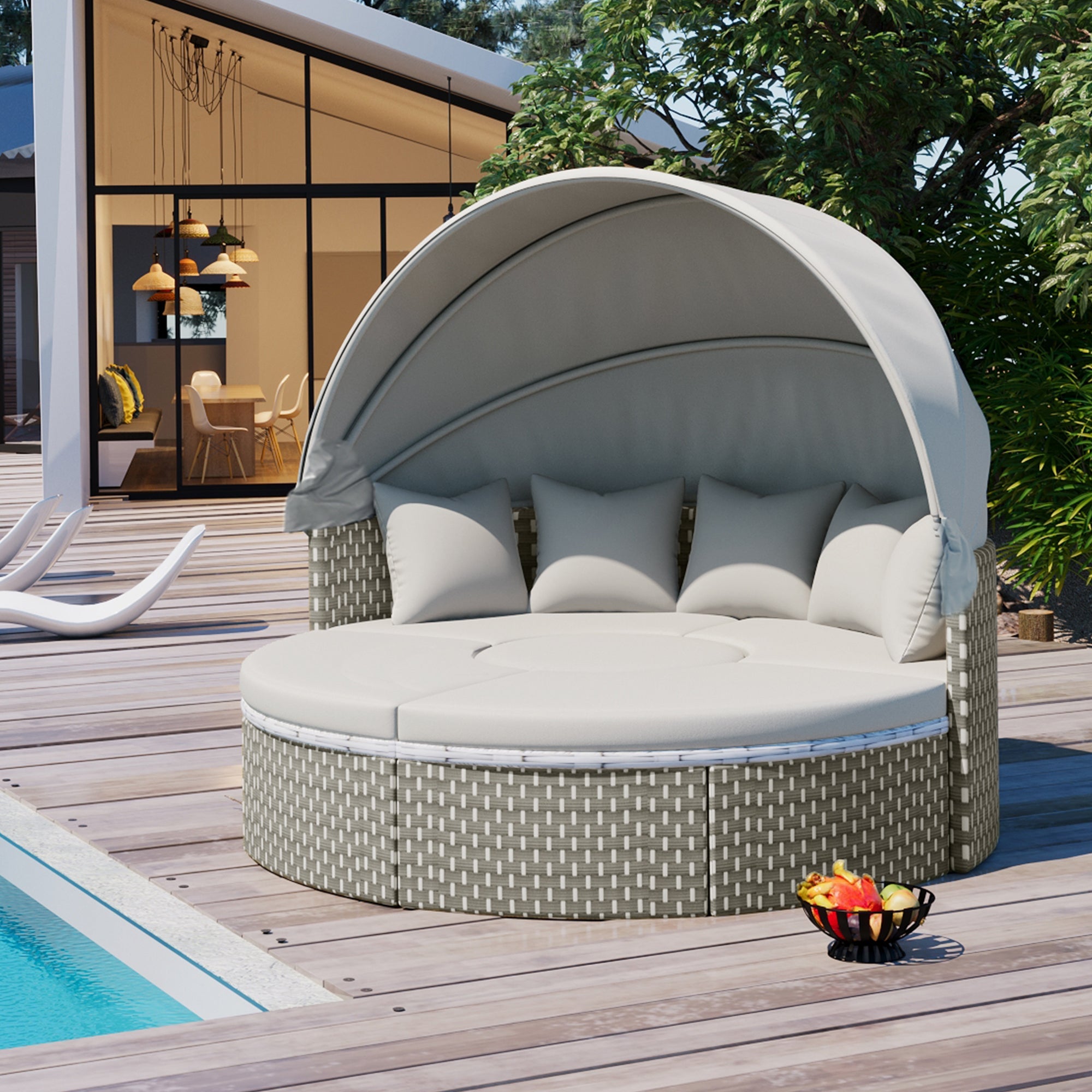 Outdoor Sectional Sofa PE Rattan Gray with Canopy