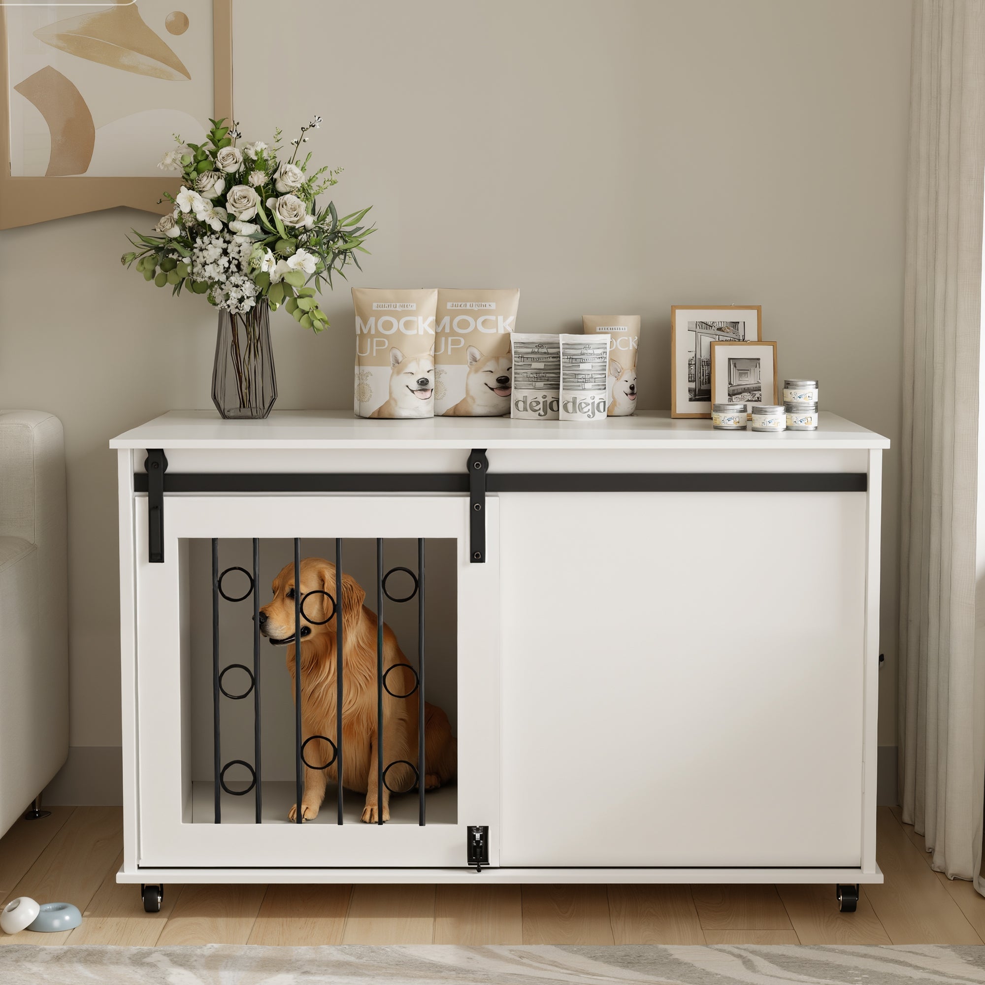 Modern Wooden Dog Crate with Sliding Barn Door