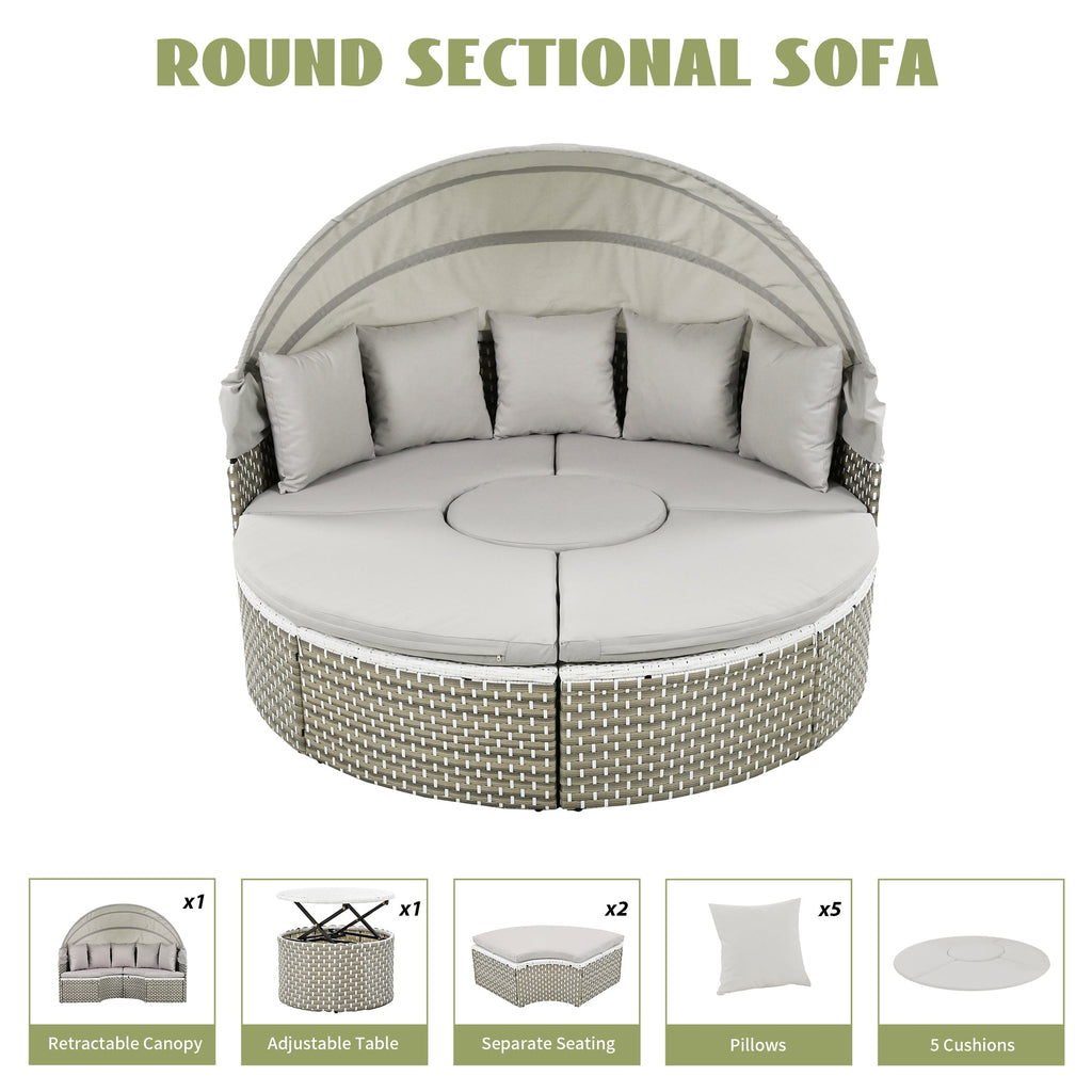 Outdoor Sectional Sofa PE Rattan Gray with Canopy