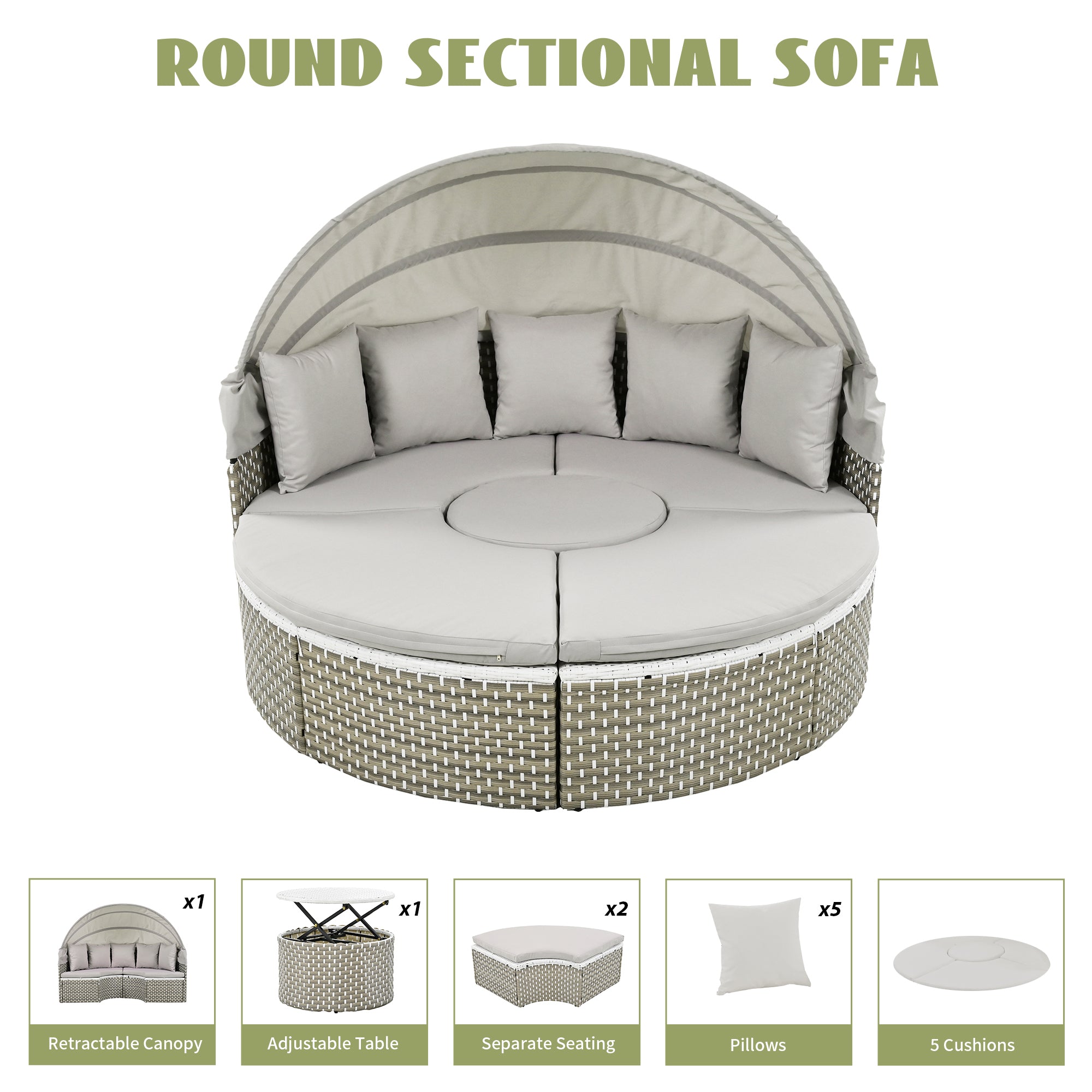 Outdoor Sectional Sofa PE Rattan Gray with Canopy