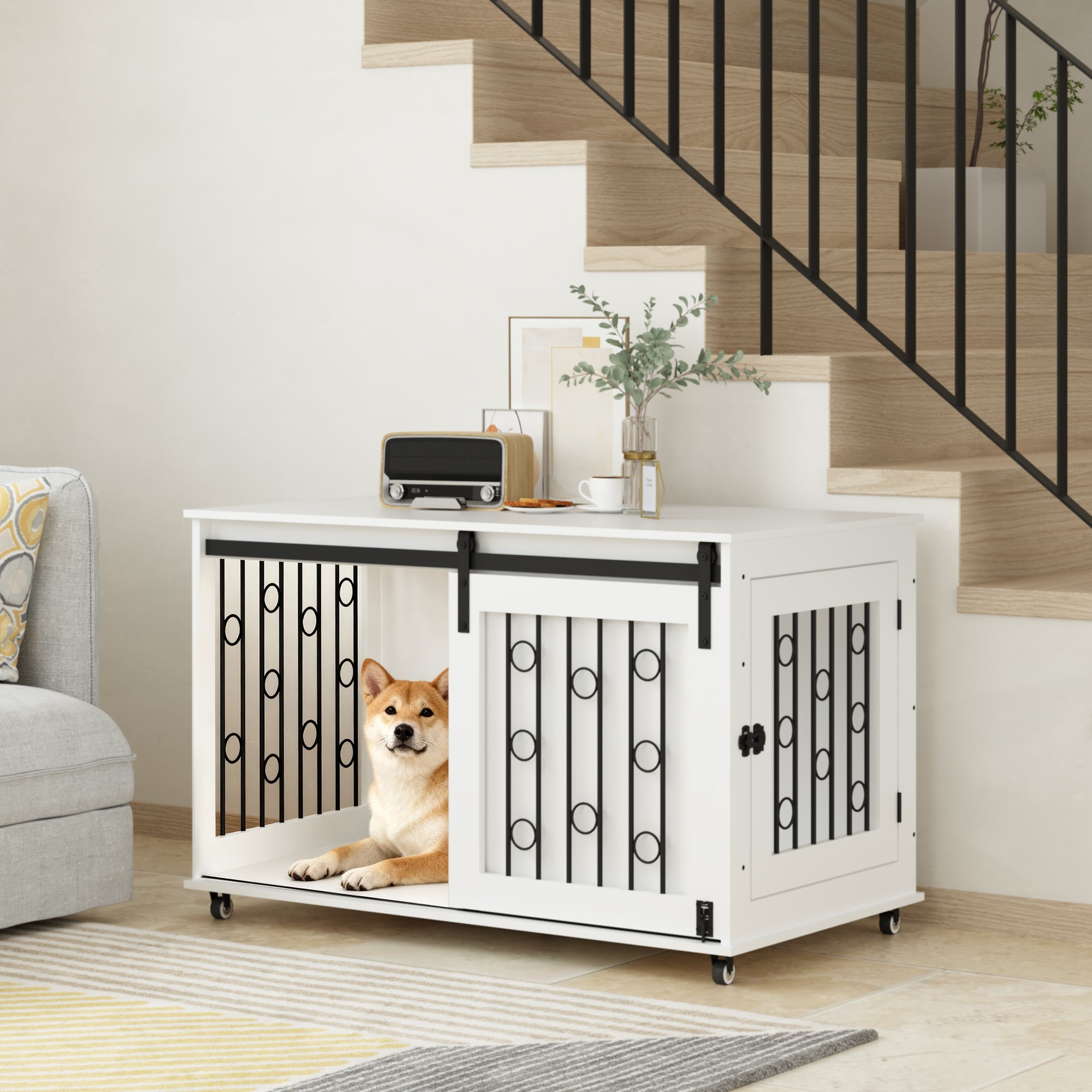 Modern Wooden Dog Crate with Sliding Barn Door