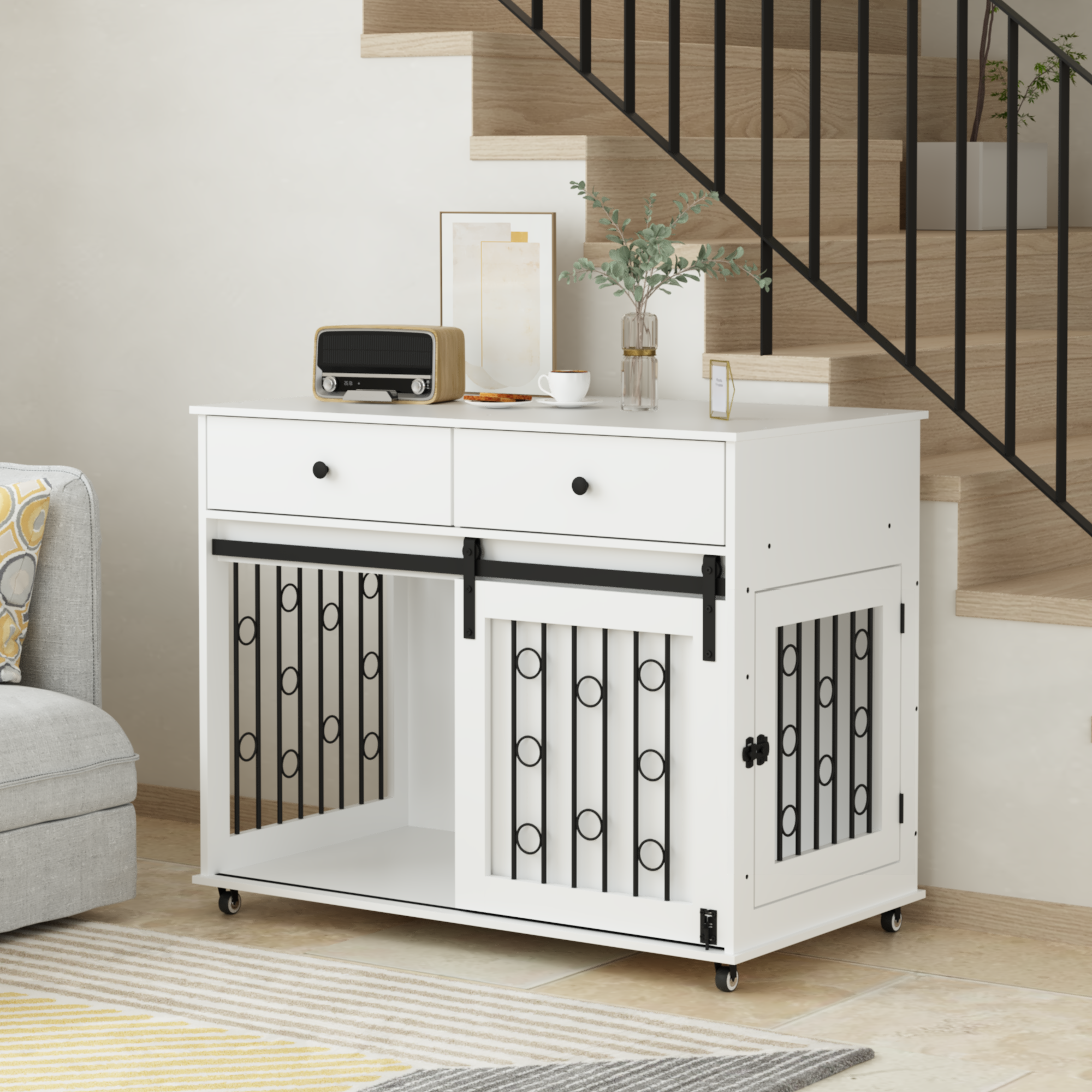 Modern Wooden Dog Crate with Sliding Barn Door