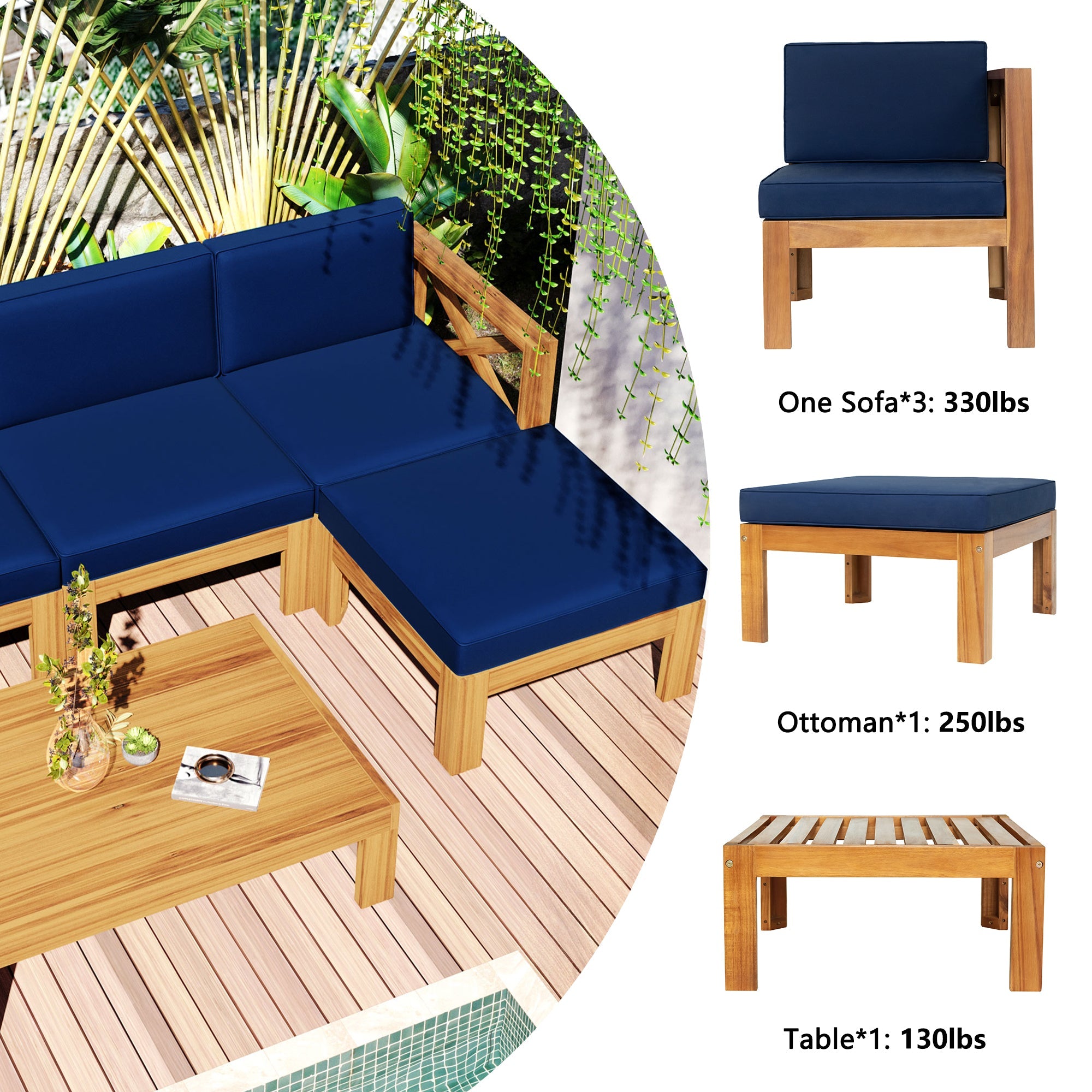 5-Piece Acadia Wood Outdoor Sectional Sofa Set