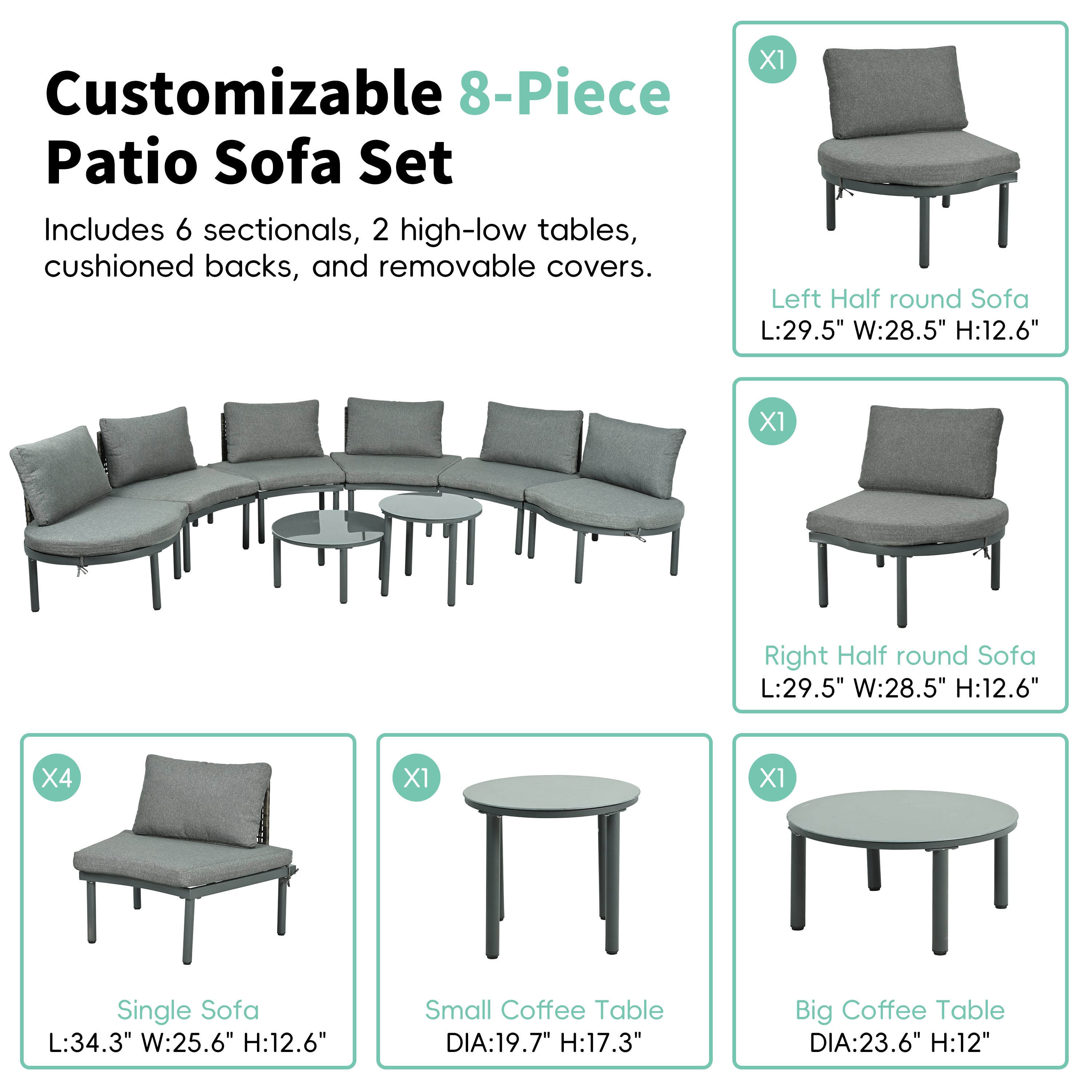 8-Piece Outdoor Sectional Sofa Set Aluminum / Beige with Rattan Style