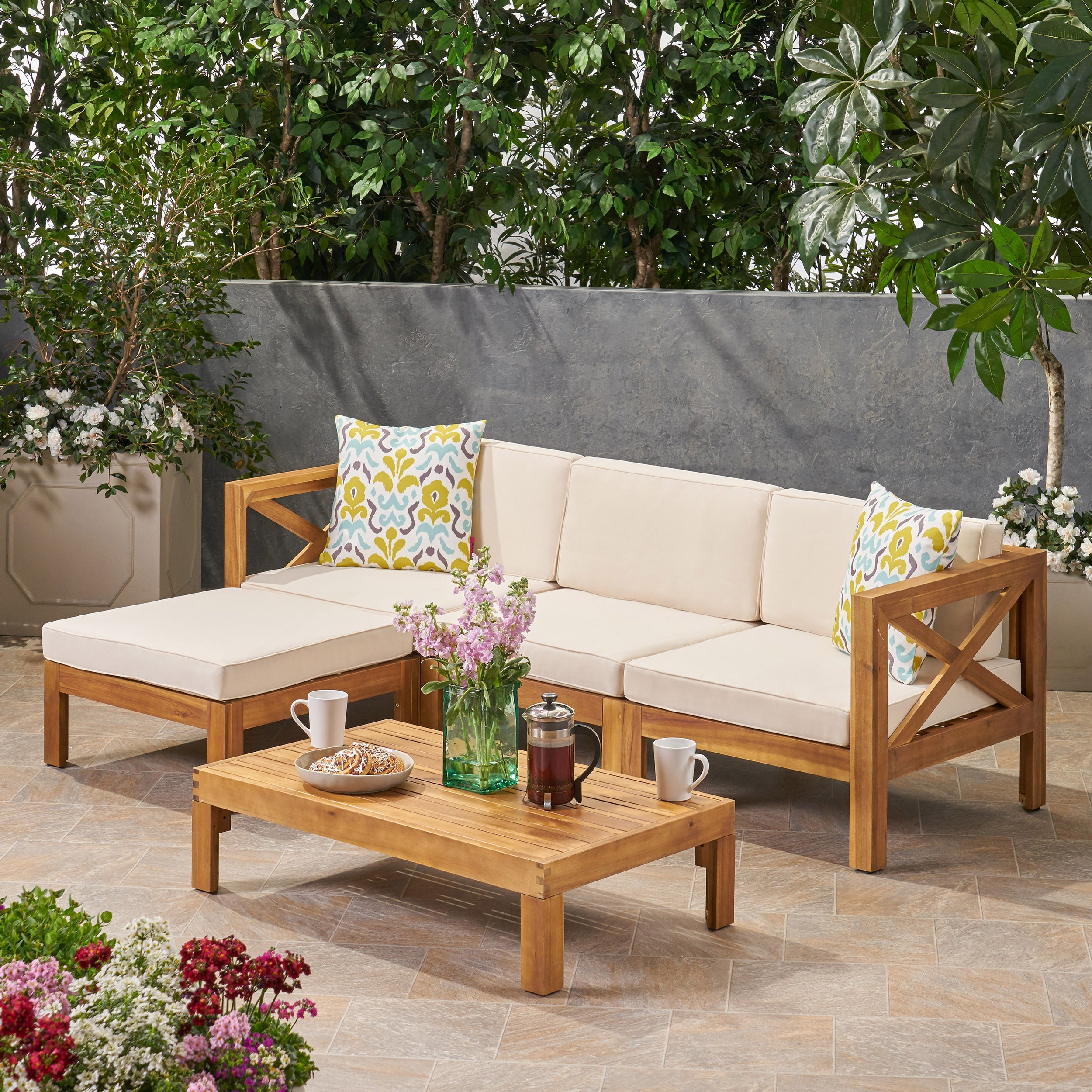 Acacia Wood L-Shaped Outdoor Sofa Set