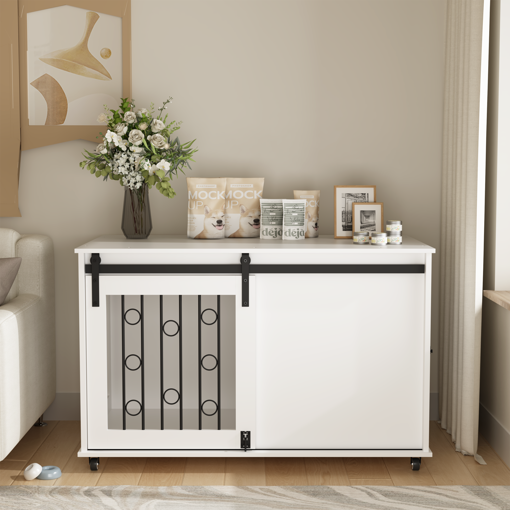 Modern Wooden Dog Crate with Sliding Barn Door