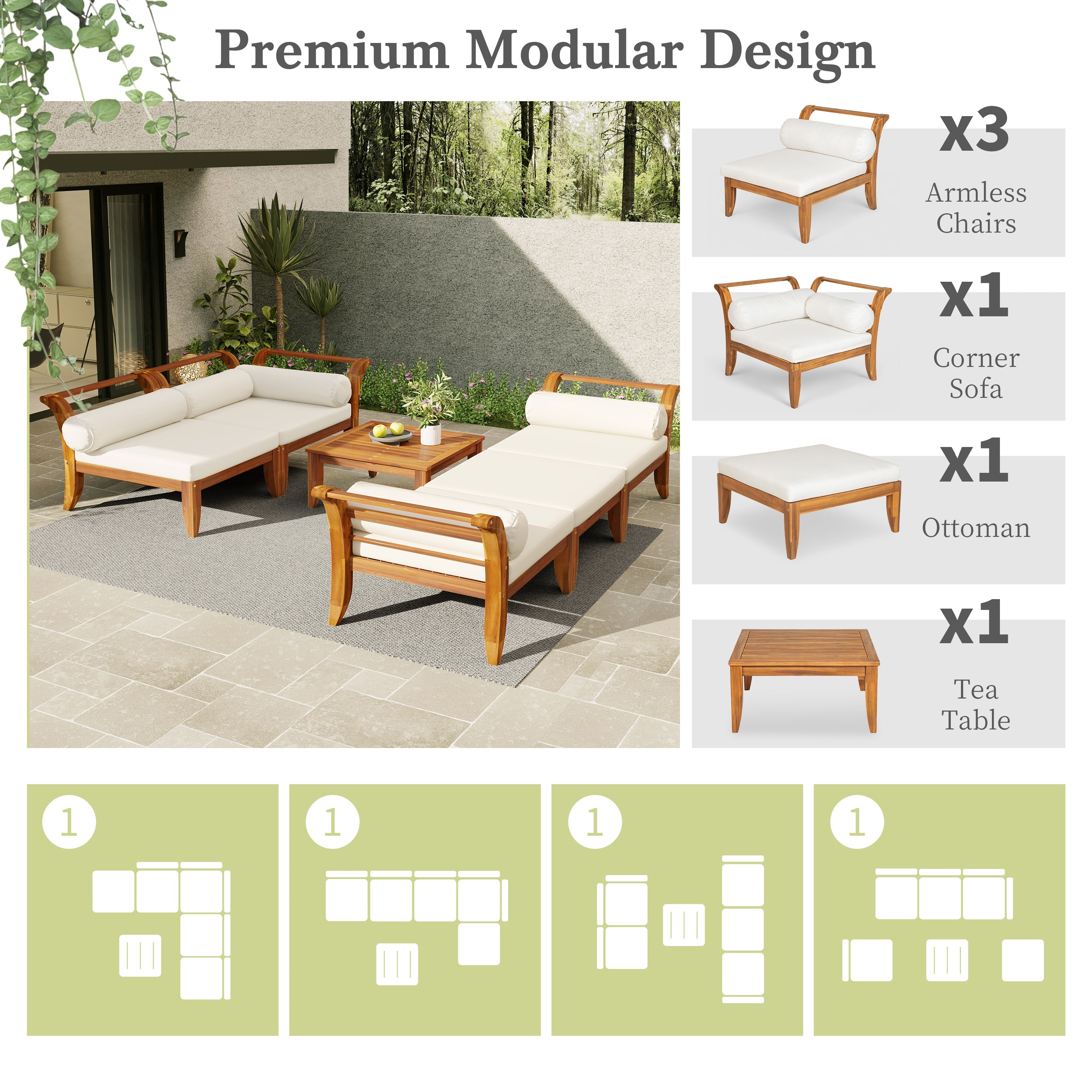 6-Piece Outdoor Sectional Sofa Set Acacia Wood Teak and Beige