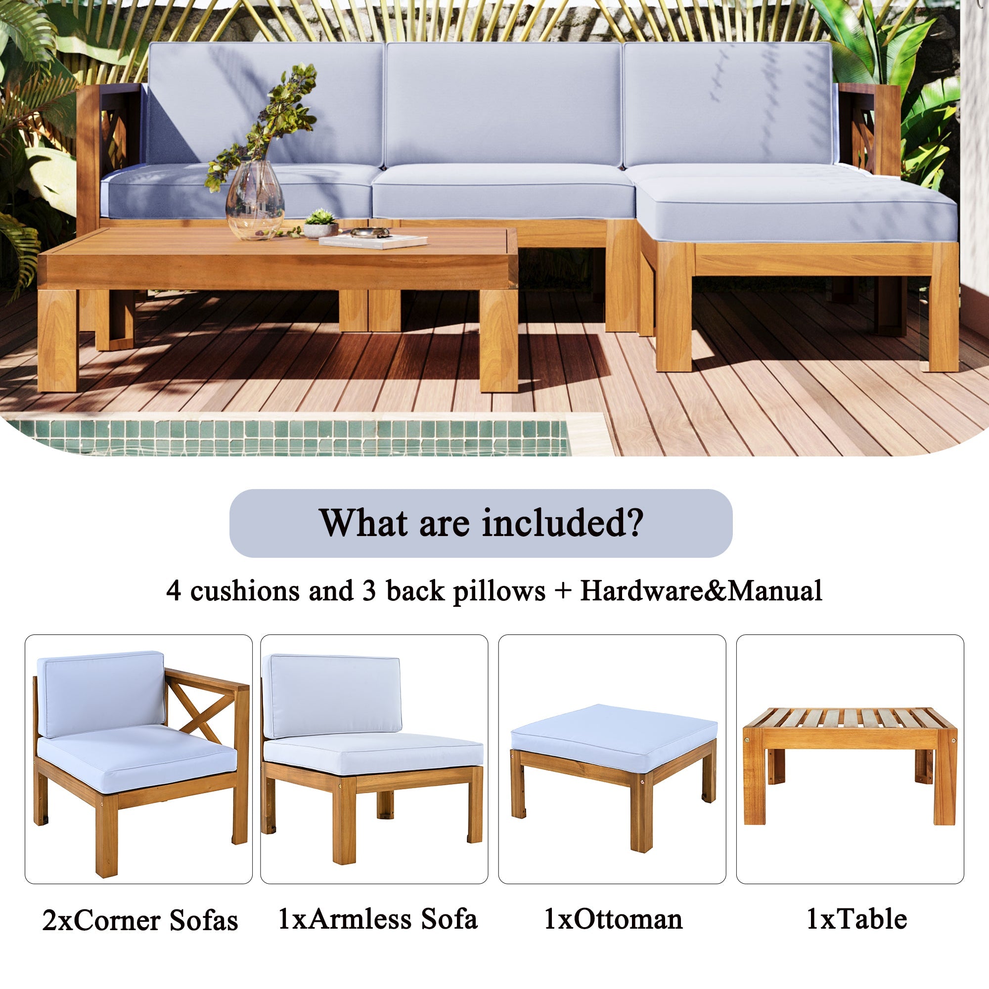 5-Piece Acadia Wood Outdoor Sectional Sofa Set