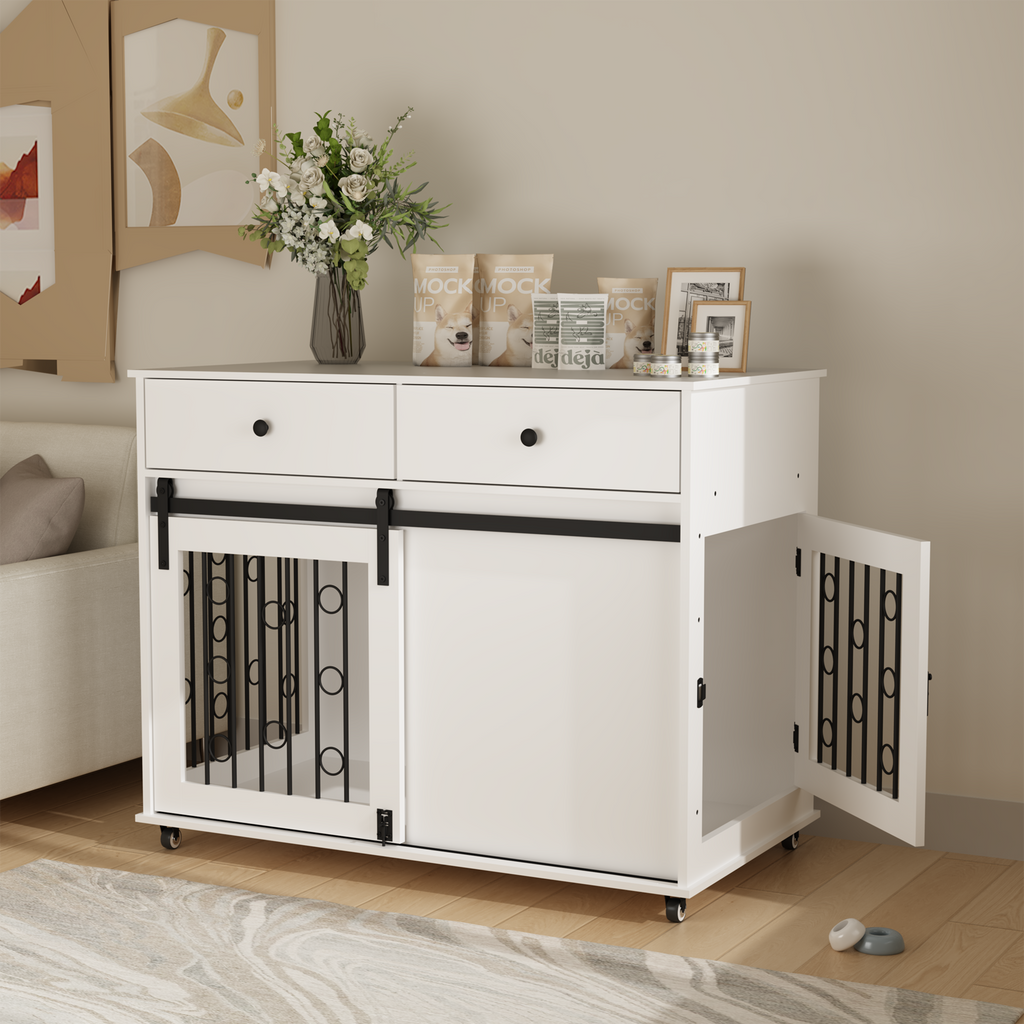 Modern Wooden Dog Crate with Sliding Barn Door