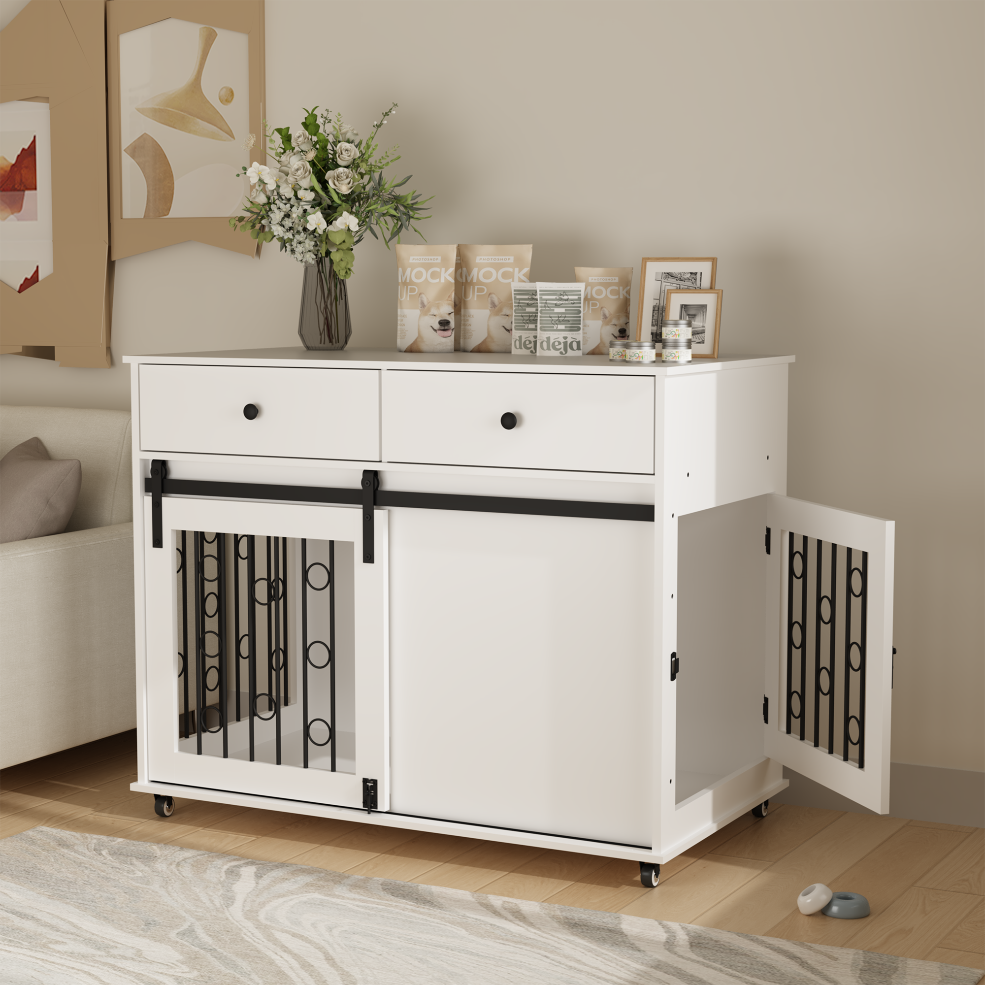 Modern Wooden Dog Crate with Sliding Barn Door