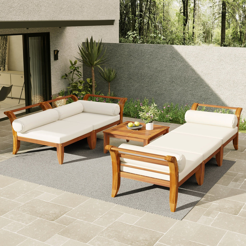 6-Piece Outdoor Sectional Sofa Set Acacia Wood Teak and Beige