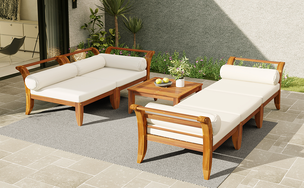 6-Piece Outdoor Sectional Sofa Set Acacia Wood Teak and Beige