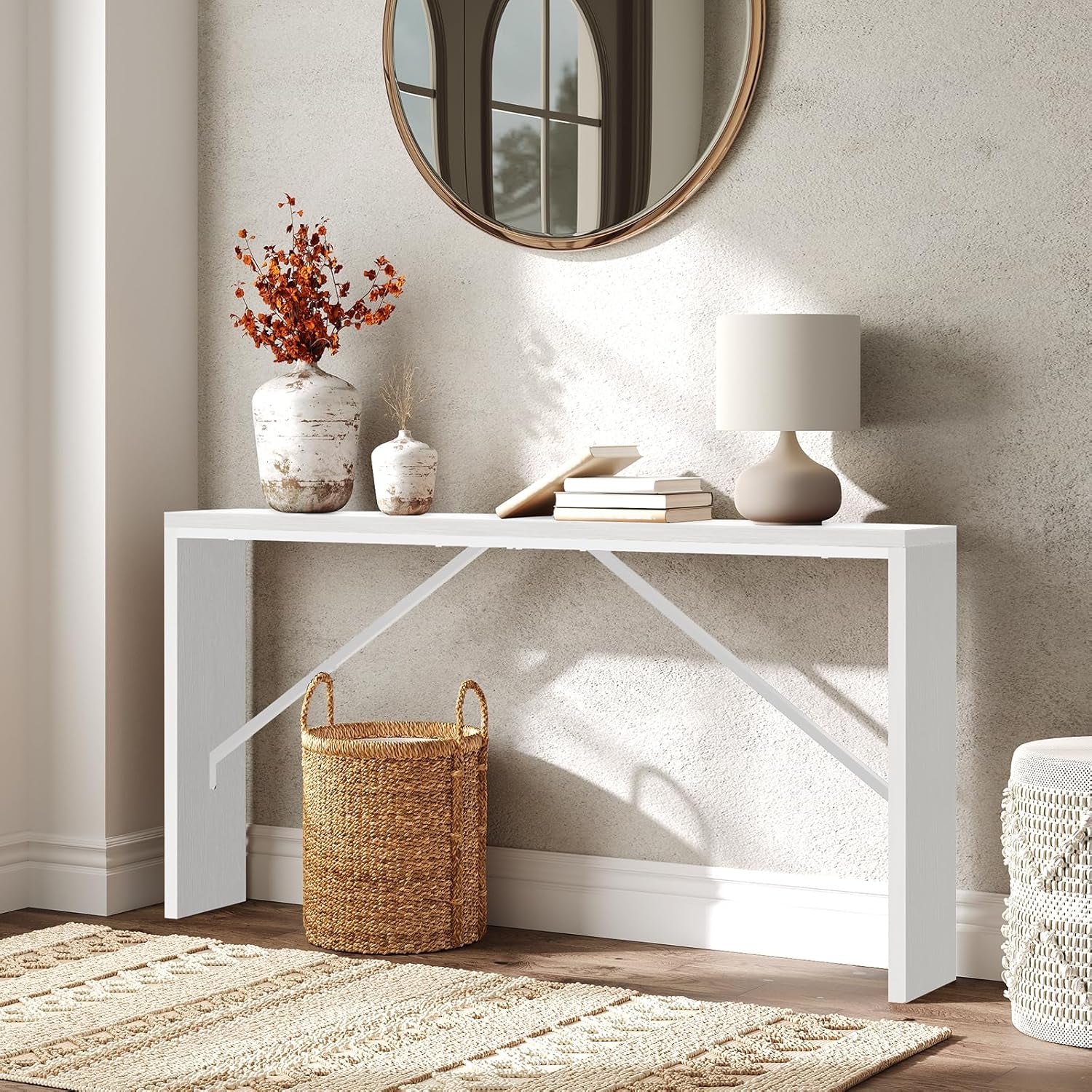 Industrial White Console Table With Metal Frame