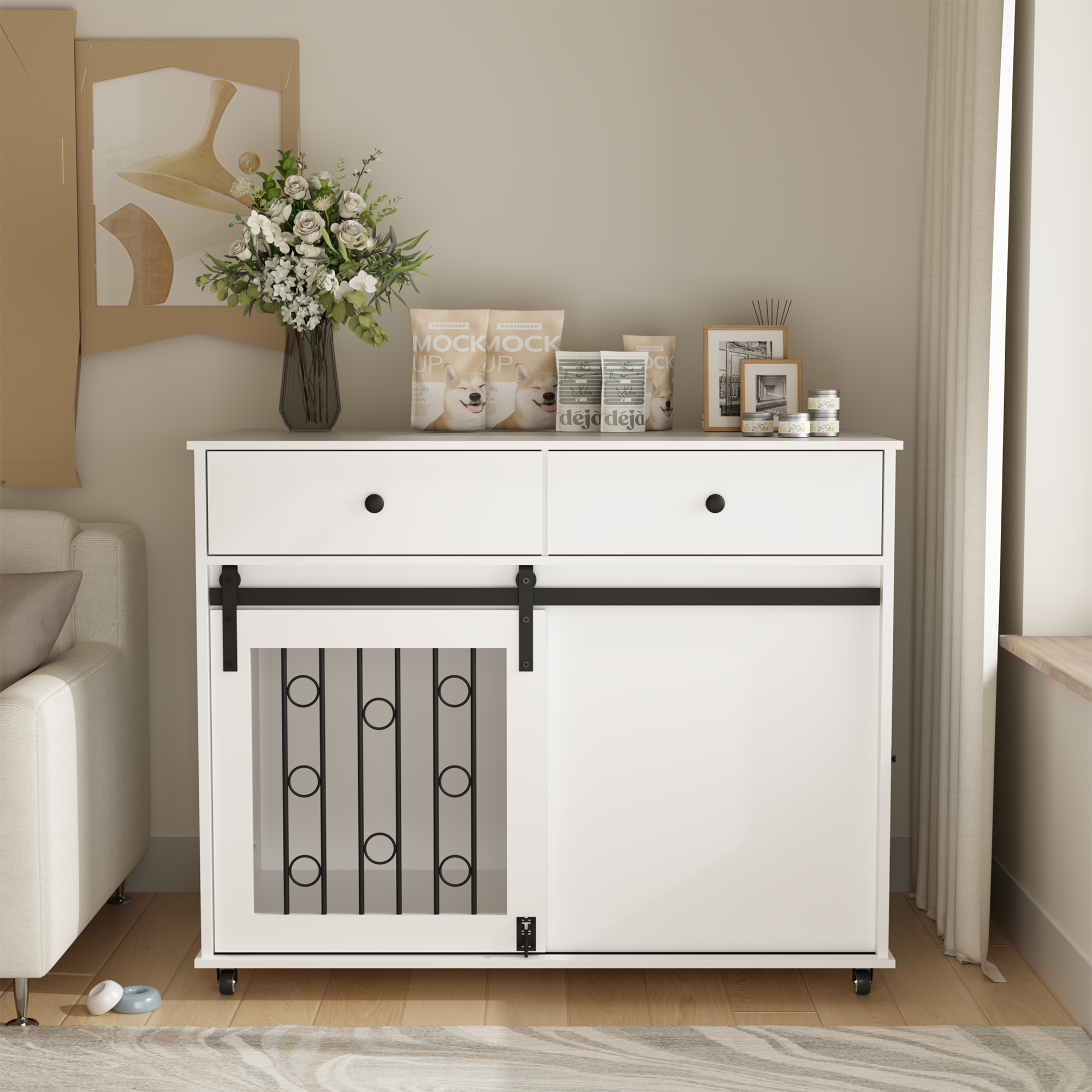 Modern Wooden Dog Crate with Sliding Barn Door
