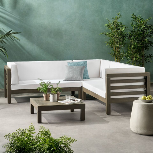 Outdoor Acacia Wood V-Shaped Sectional Sofa Set with Cushions – Modern