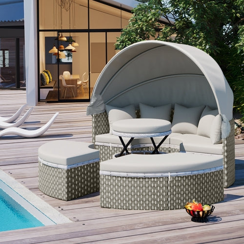 Outdoor Sectional Sofa PE Rattan Gray with Canopy