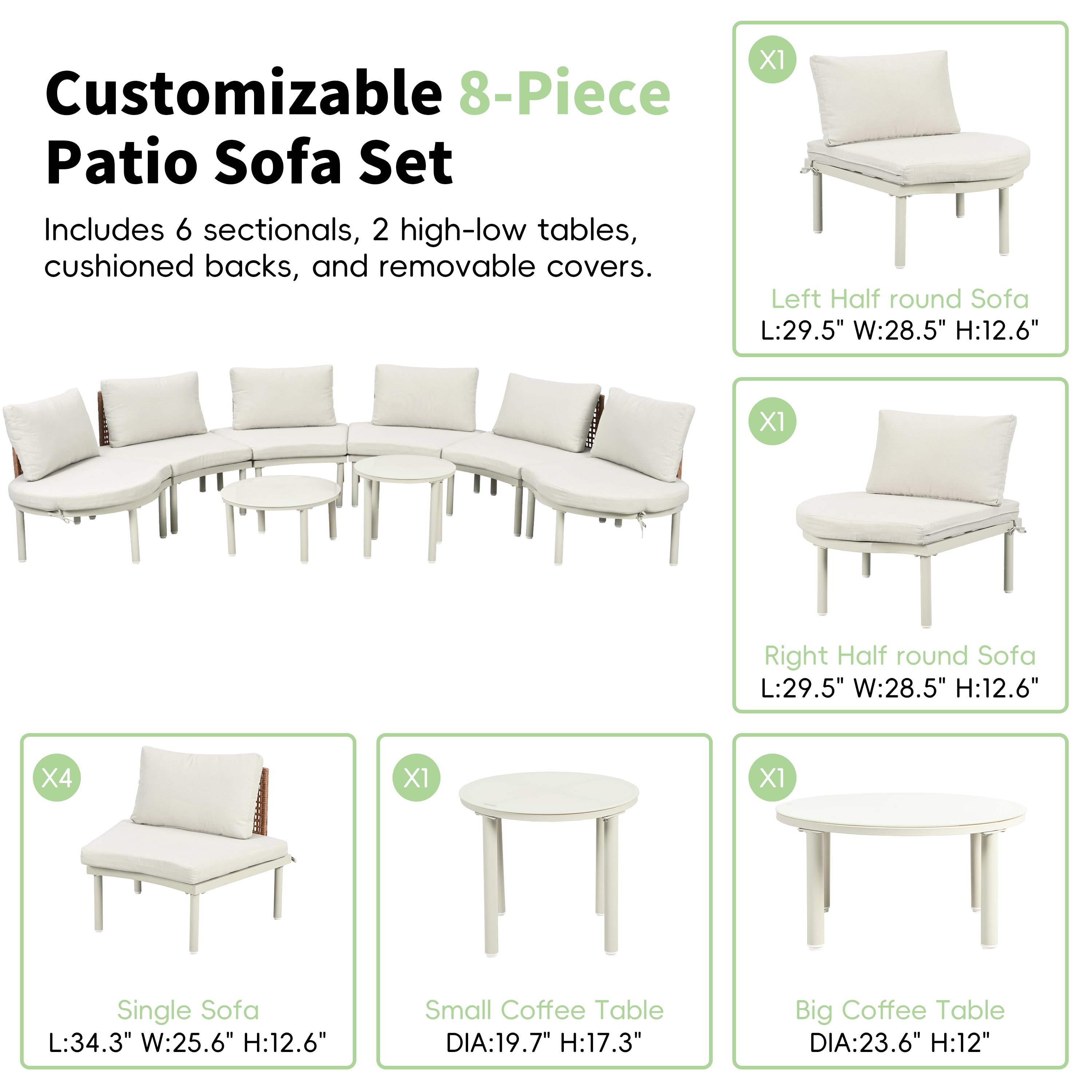 8-Piece Outdoor Sectional Sofa Set Aluminum / Beige with Rattan Style