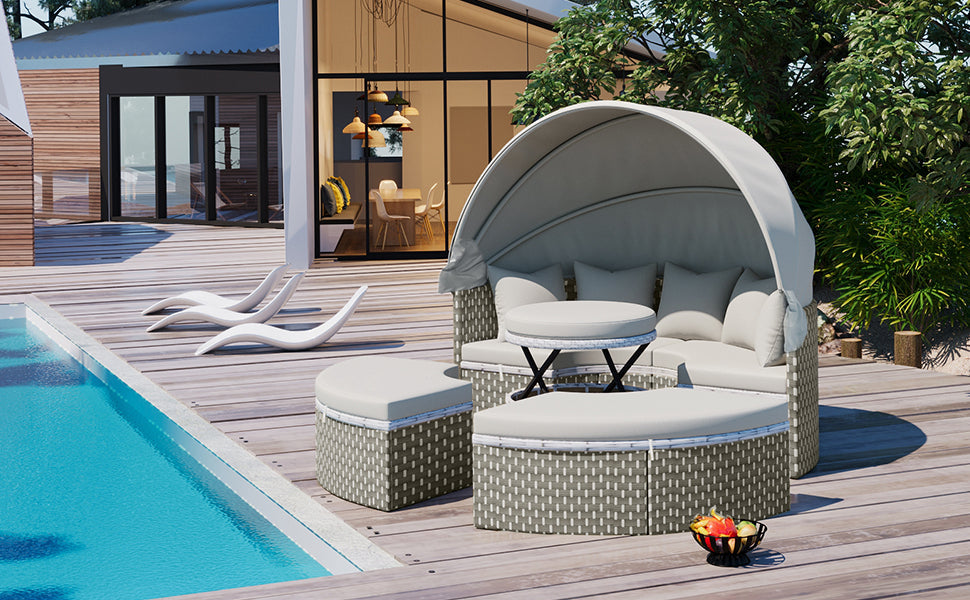 Outdoor Sectional Sofa PE Rattan Gray with Canopy