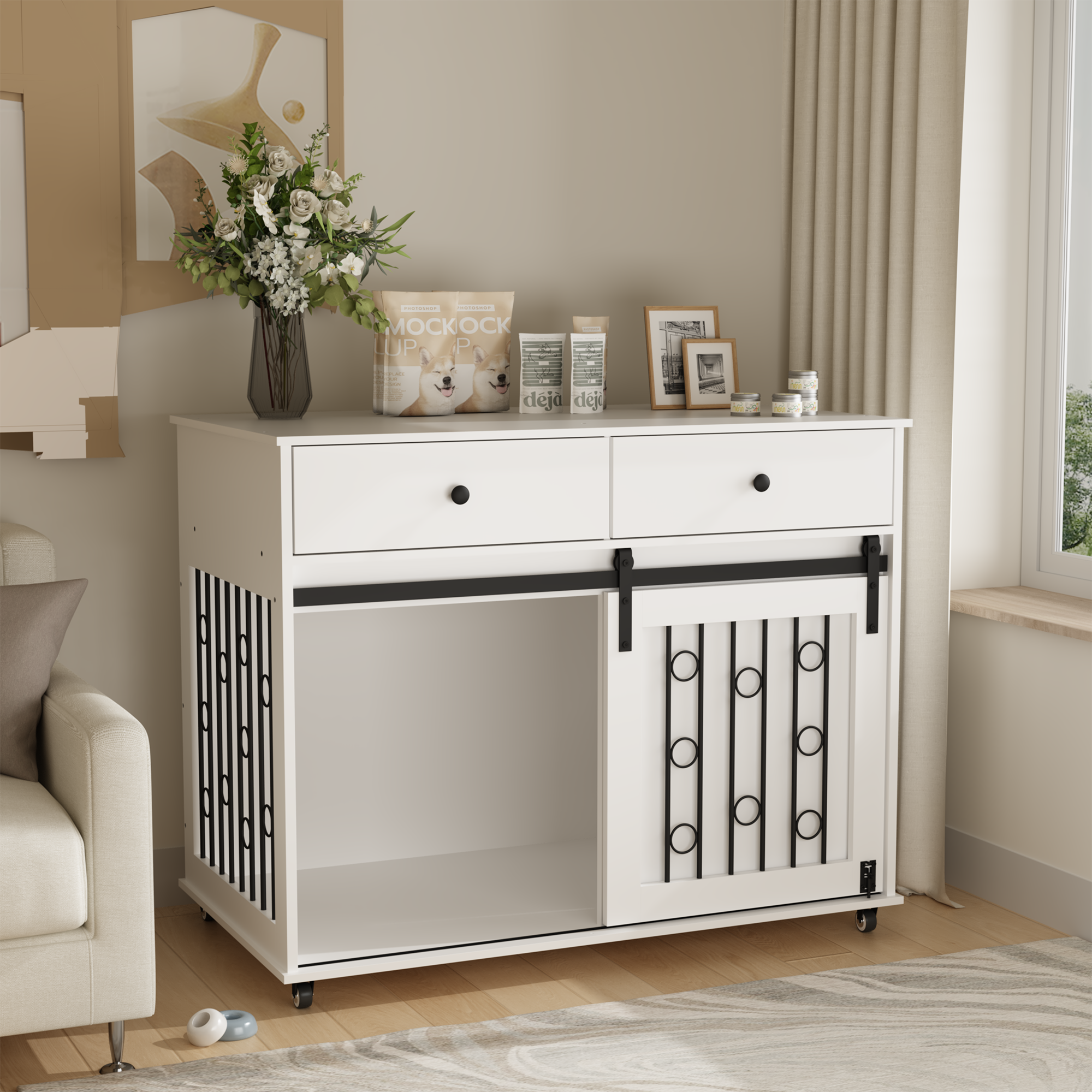 Modern Wooden Dog Crate with Sliding Barn Door