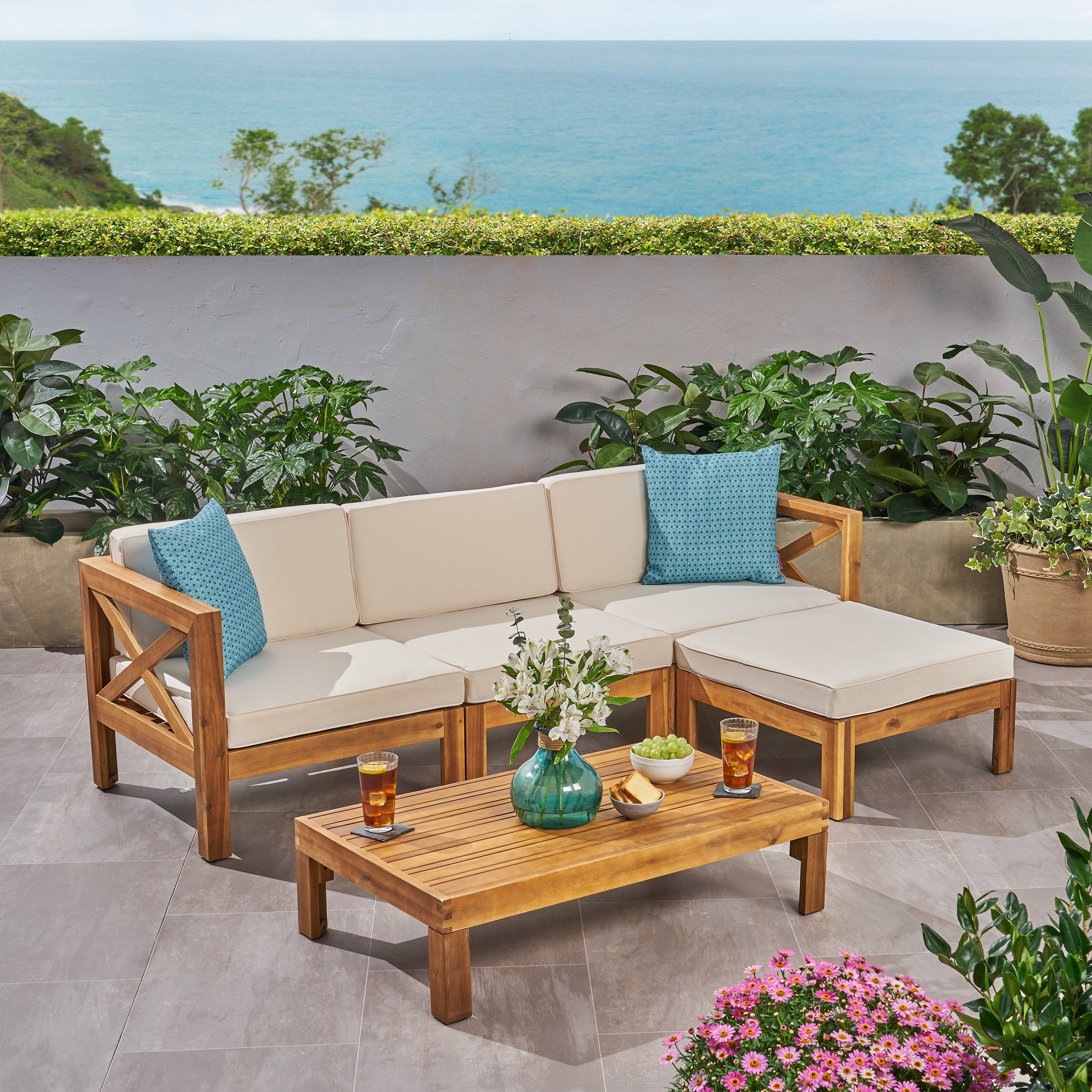 Acacia Wood L-Shaped Outdoor Sofa Set