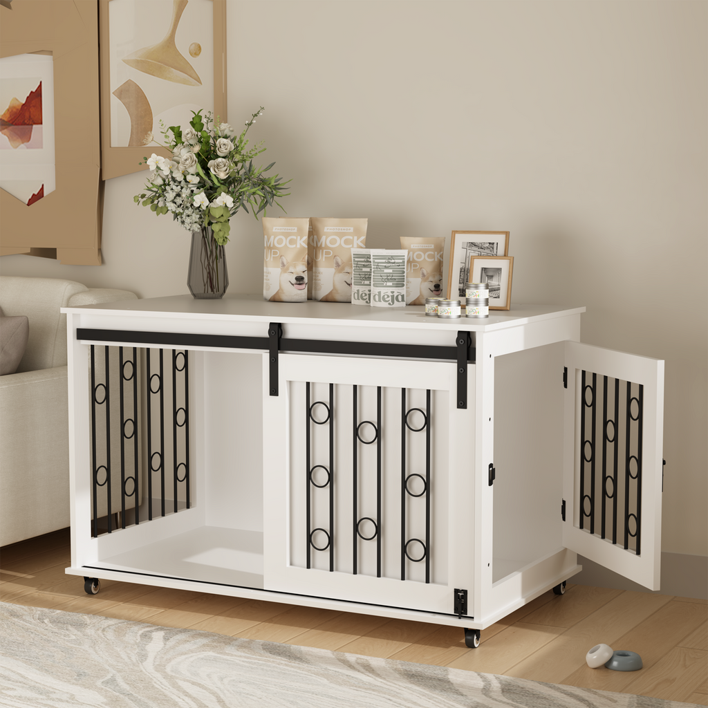 Modern Wooden Dog Crate with Sliding Barn Door