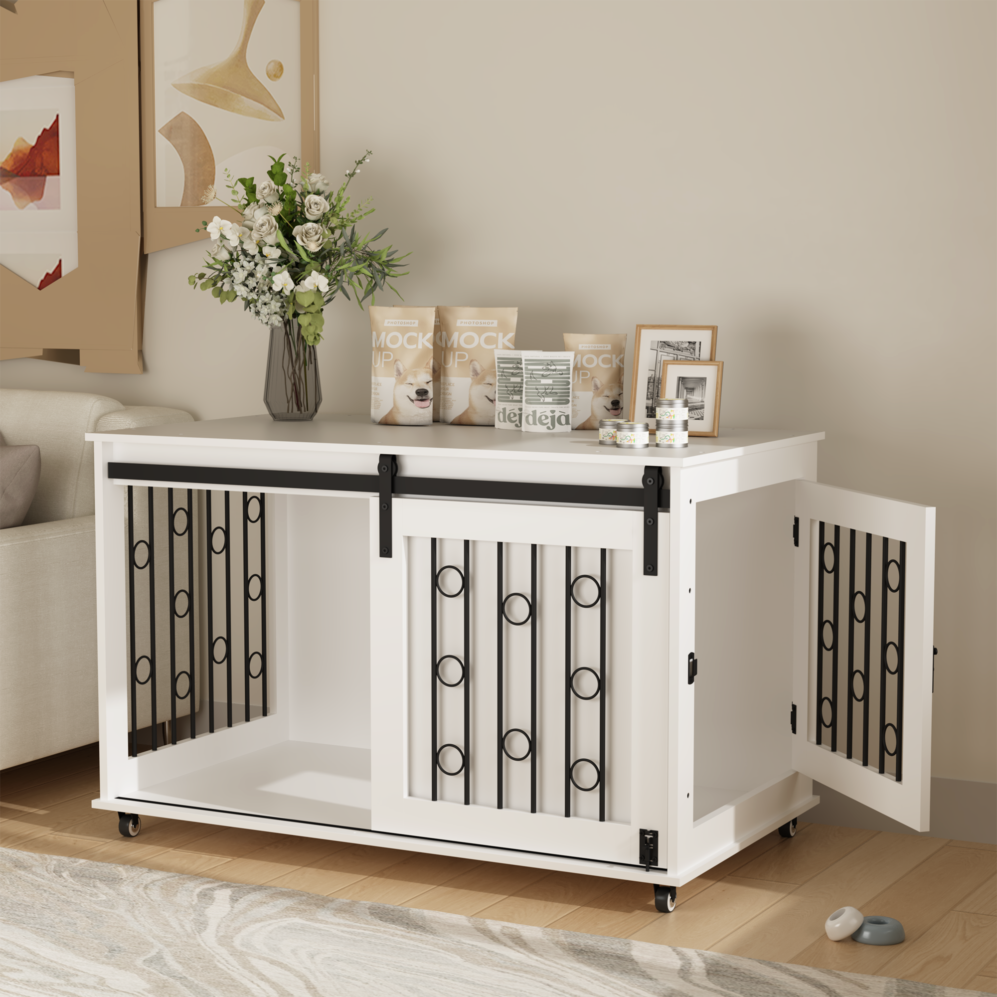 Modern Wooden Dog Crate with Sliding Barn Door