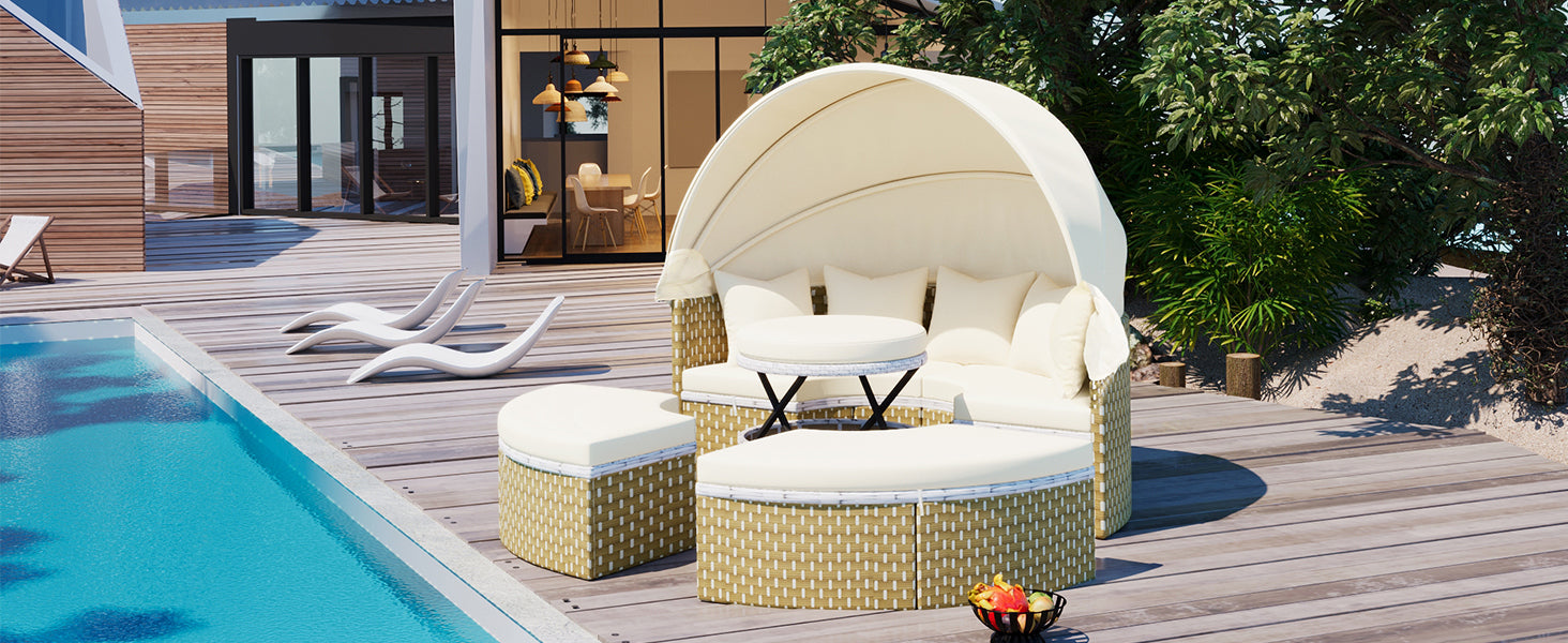 Outdoor Sectional Sofa PE Rattan Gray with Canopy