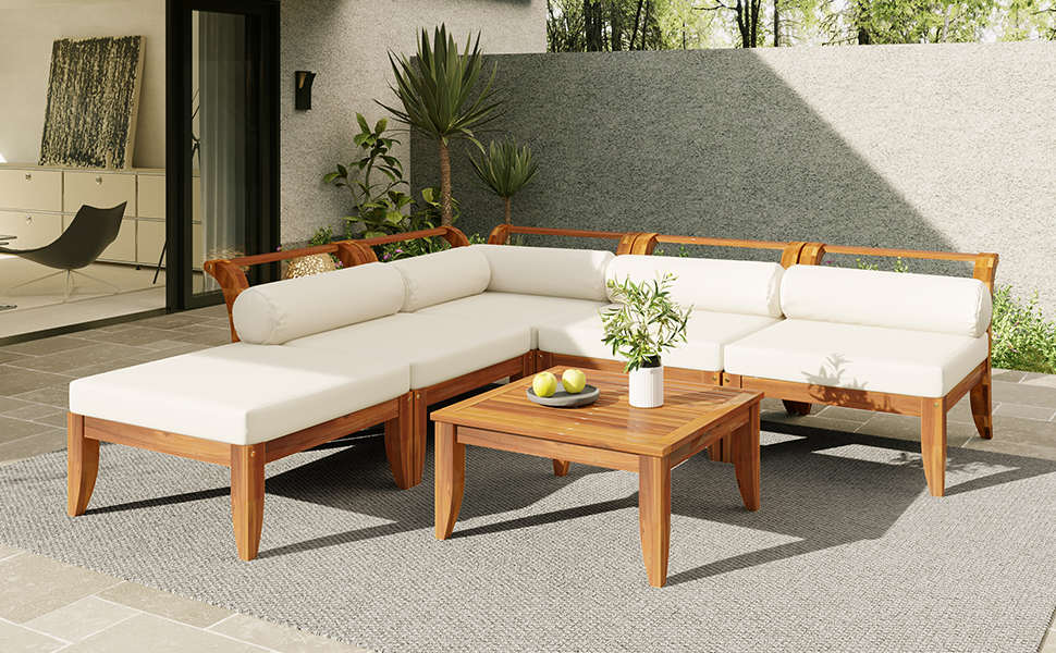 6-Piece Outdoor Sectional Sofa Set Acacia Wood Teak and Beige