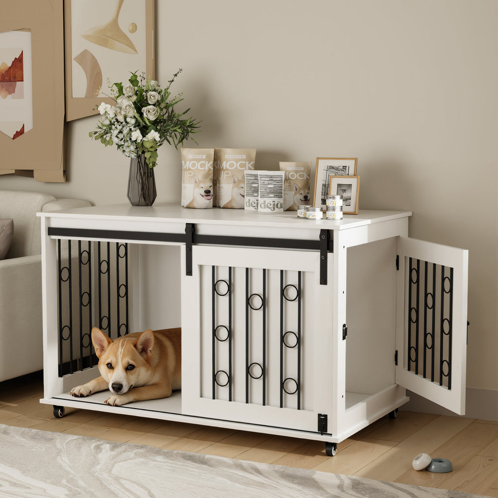 Modern Wooden Dog Crate with Sliding Barn Door