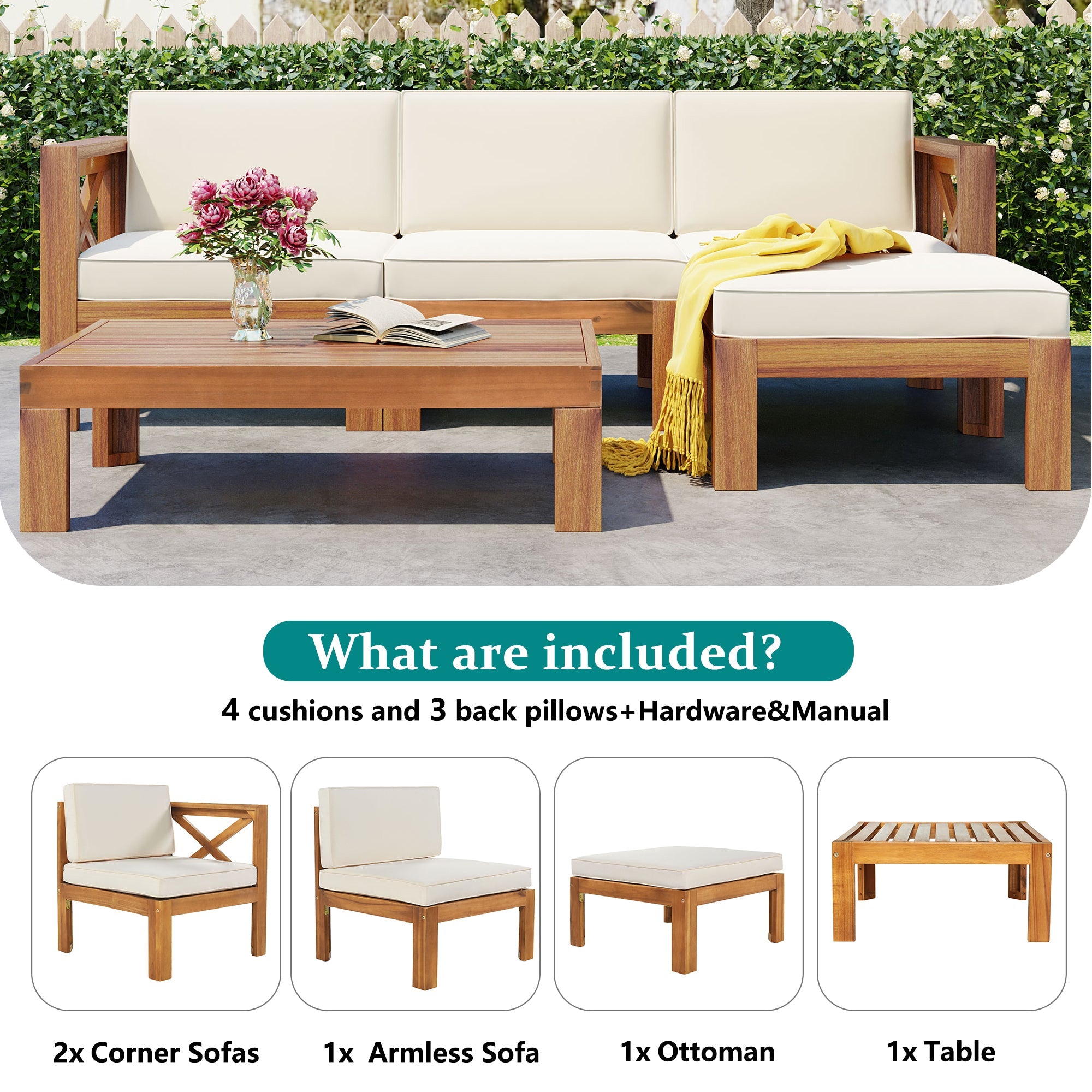 5-Piece Acadia Wood Outdoor Sectional Sofa Set