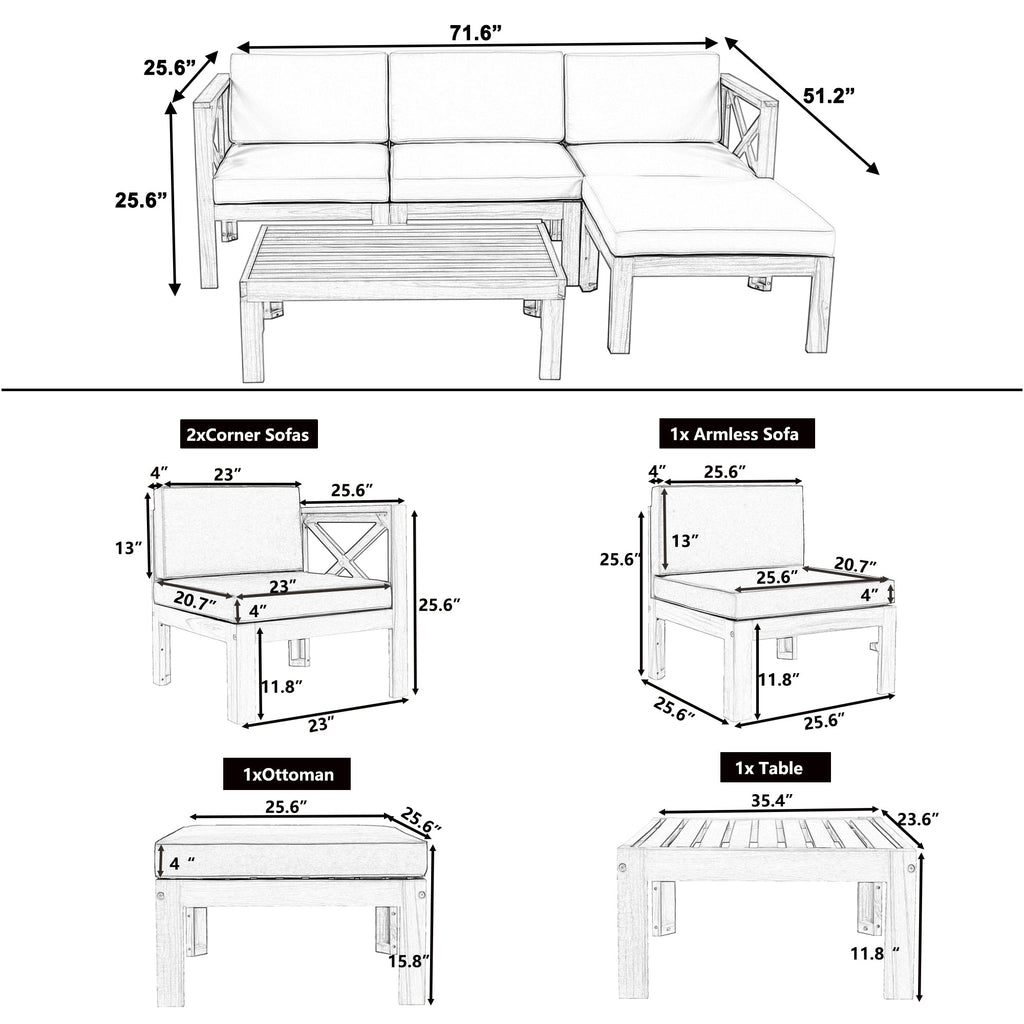 5-Piece Acadia Wood Outdoor Sectional Sofa Set