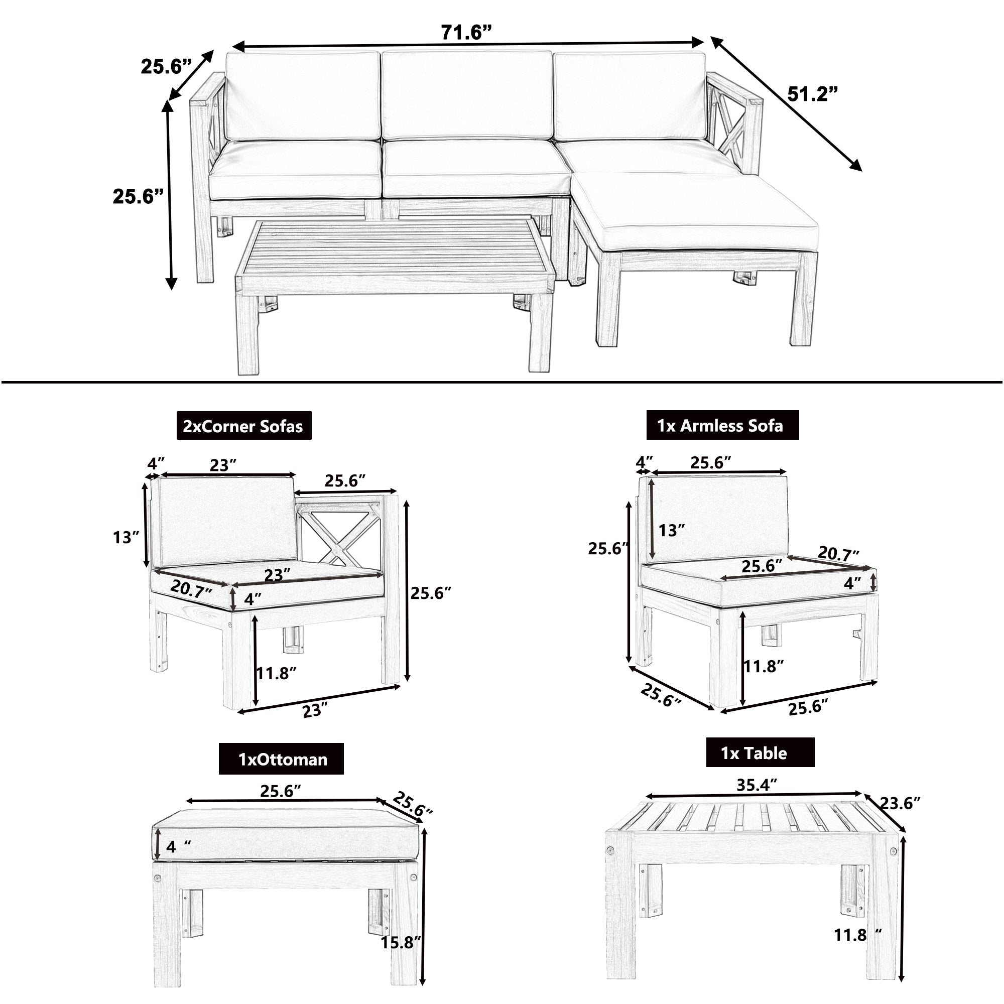 5-Piece Acadia Wood Outdoor Sectional Sofa Set