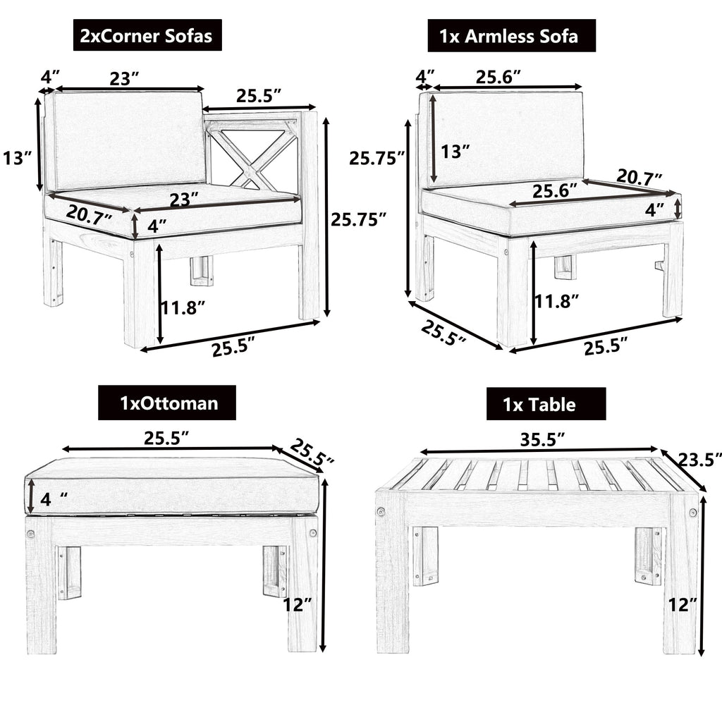 5-Piece Acadia Wood Outdoor Sectional Sofa Set