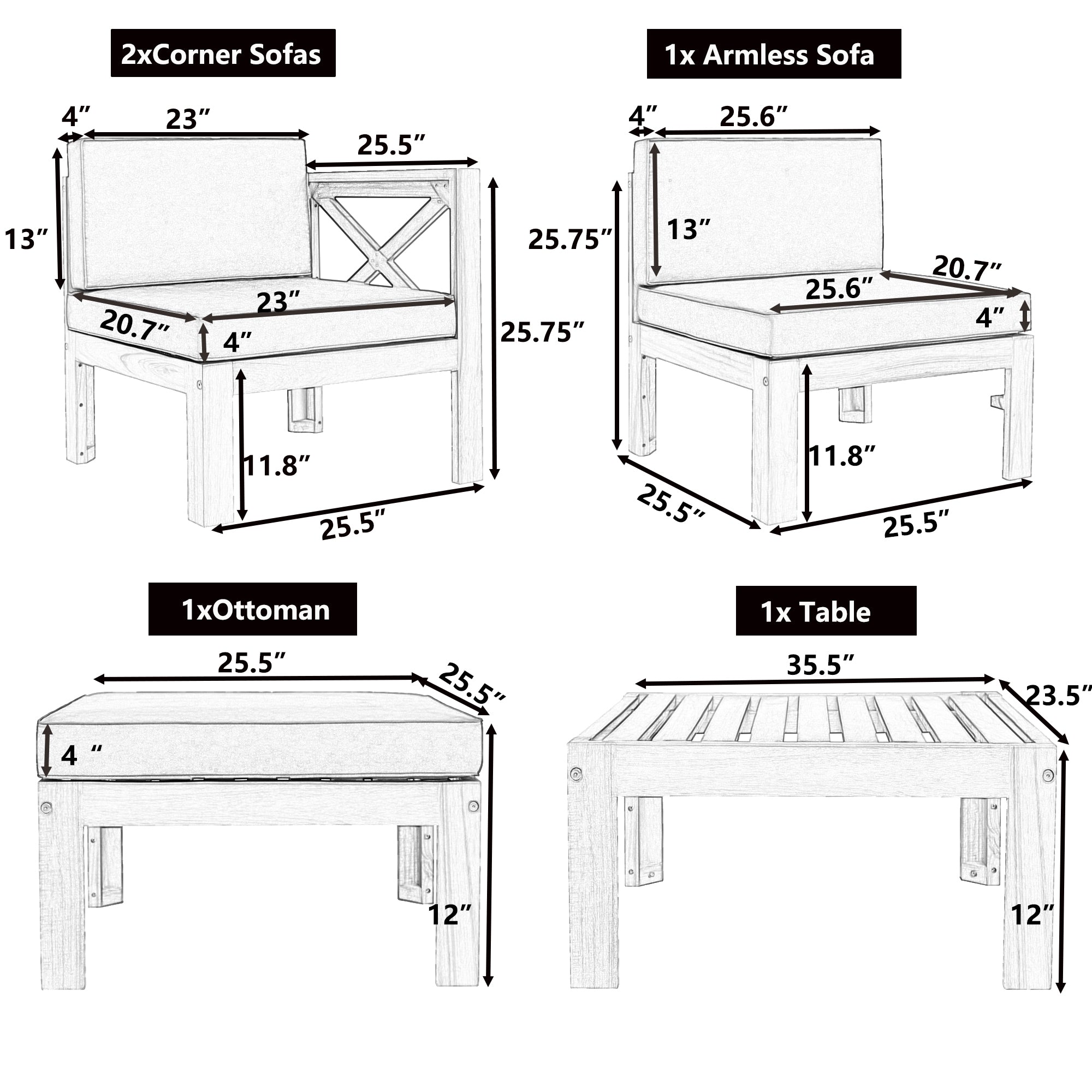 5-Piece Acadia Wood Outdoor Sectional Sofa Set