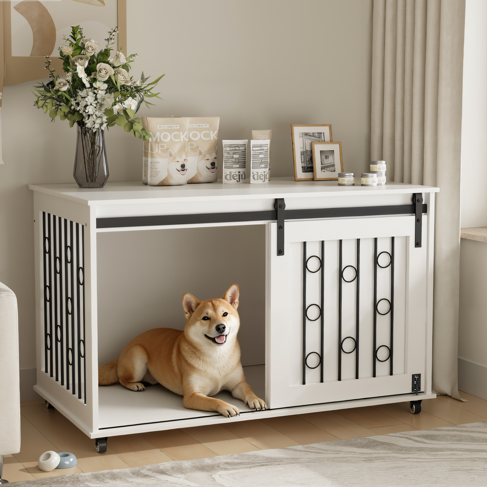 Modern Wooden Dog Crate with Sliding Barn Door