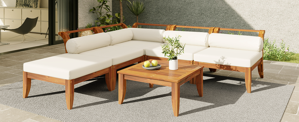 6-Piece Outdoor Sectional Sofa Set Acacia Wood Teak and Beige