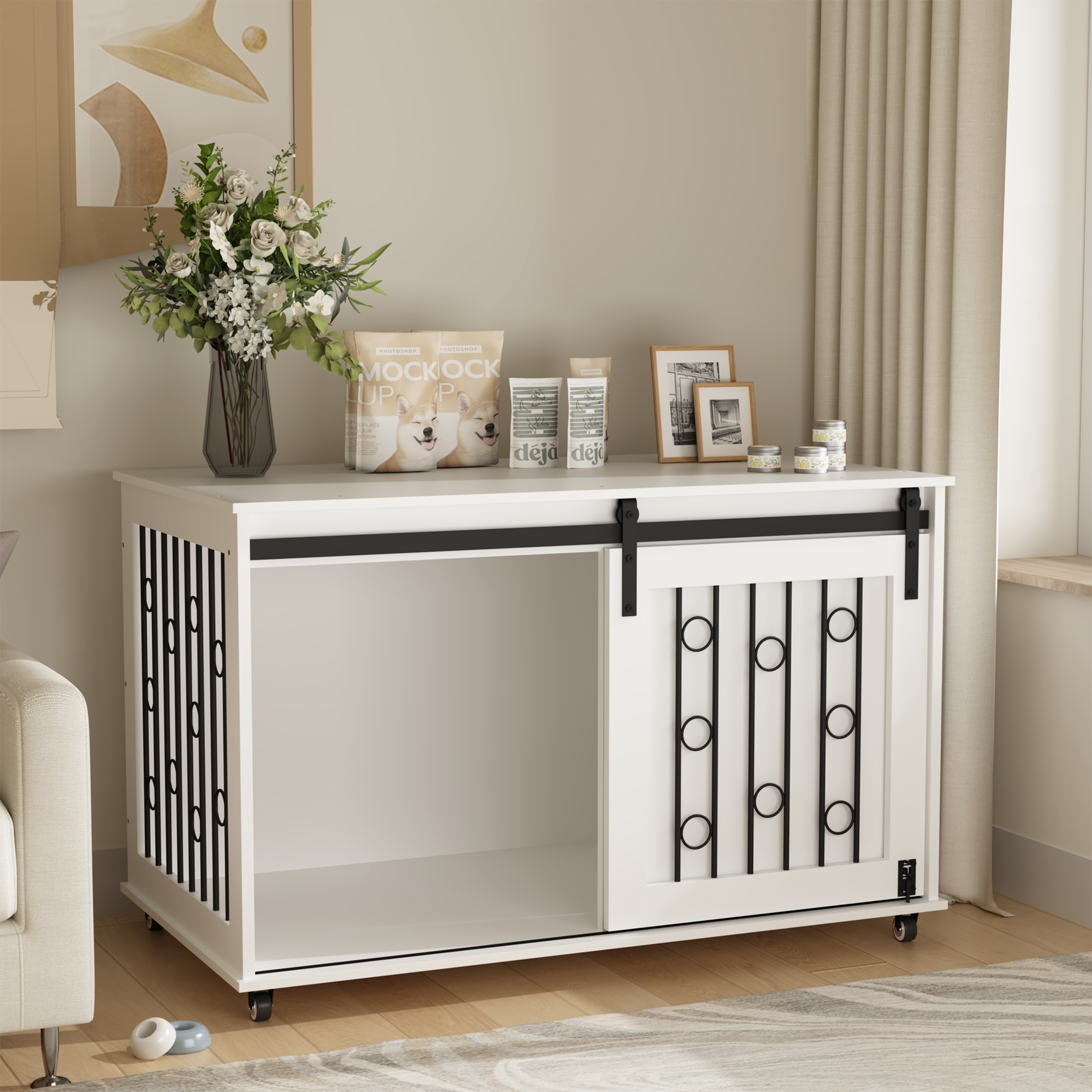 Modern Wooden Dog Crate with Sliding Barn Door
