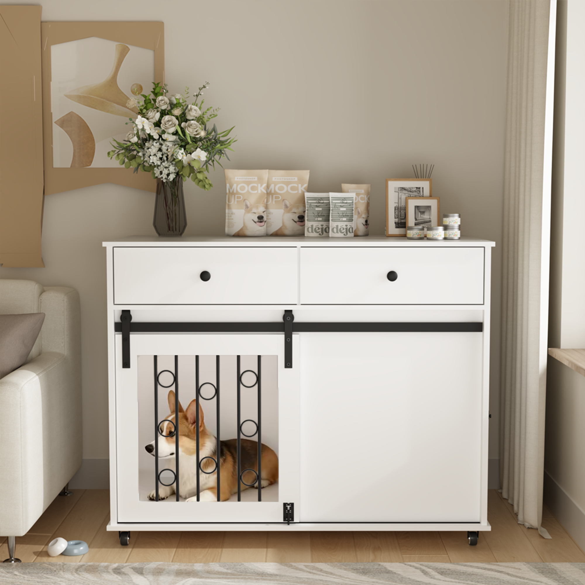 Modern Wooden Dog Crate with Sliding Barn Door