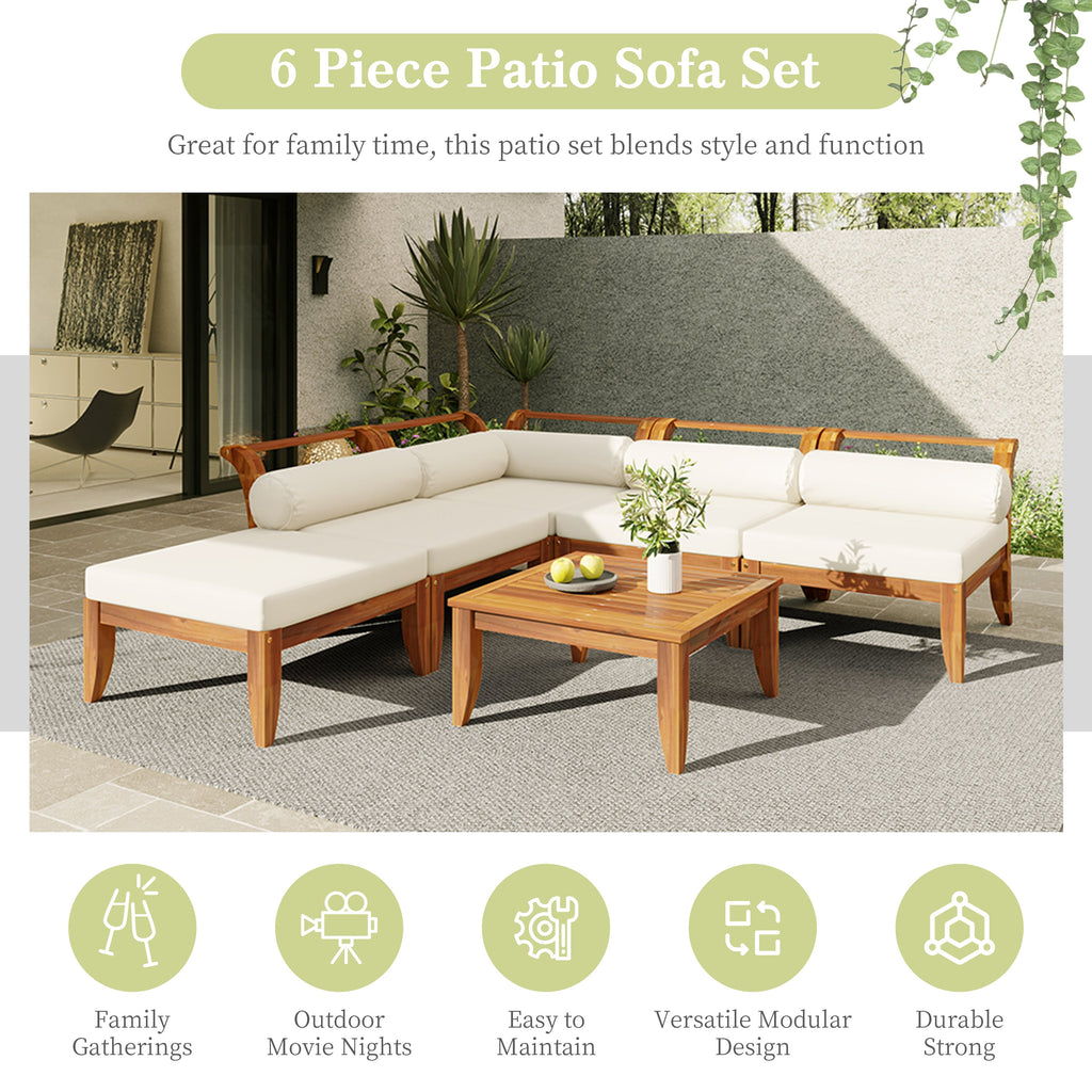 6-Piece Outdoor Sectional Sofa Set Acacia Wood Teak and Beige
