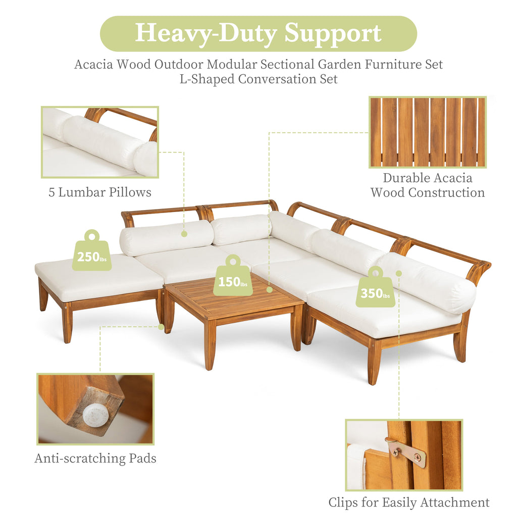 6-Piece Outdoor Sectional Sofa Set Acacia Wood Teak and Beige