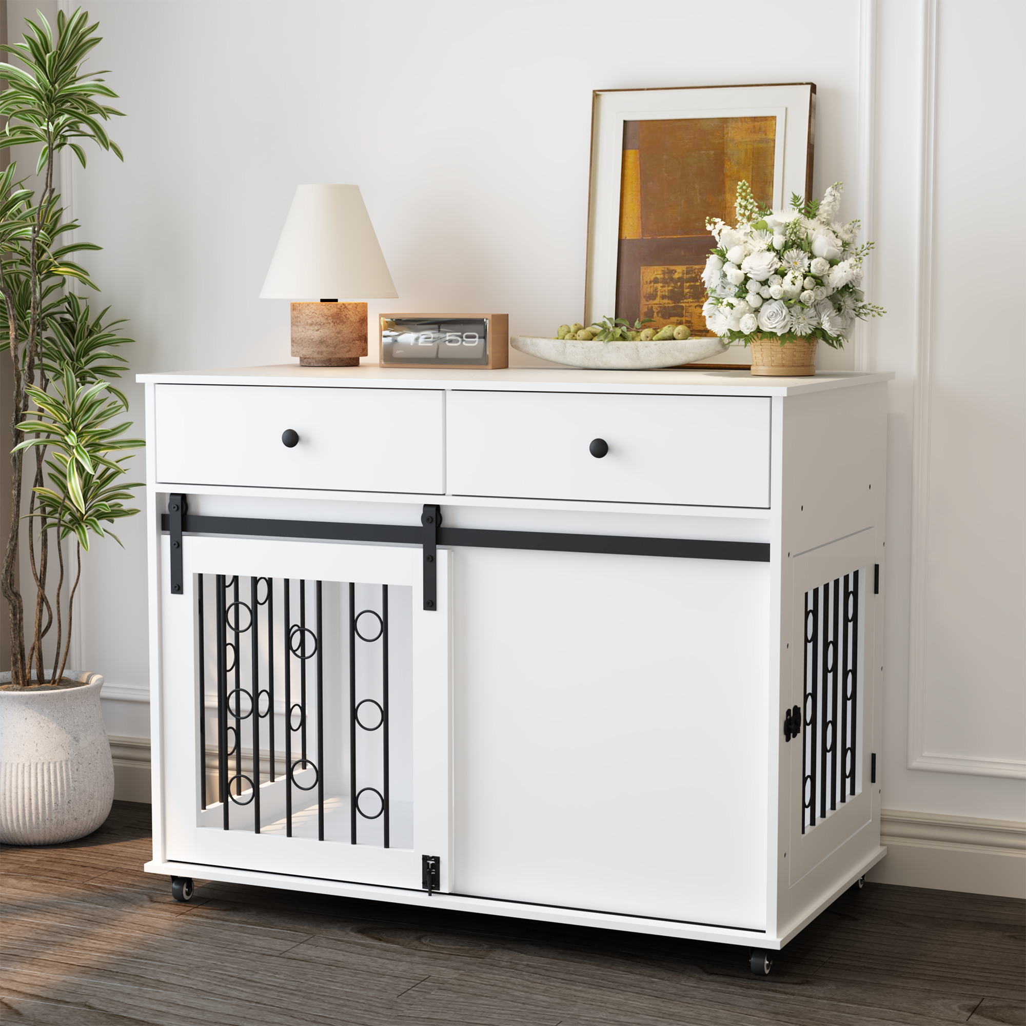 Modern Wooden Dog Crate with Sliding Barn Door