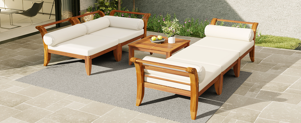 6-Piece Outdoor Sectional Sofa Set Acacia Wood Teak and Beige