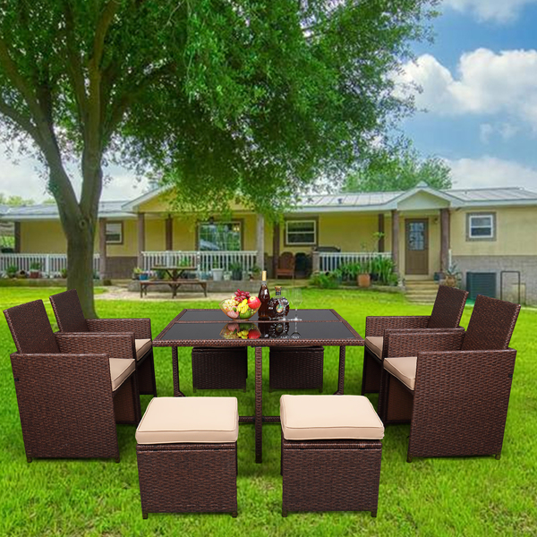 9 Piece Wood Grain PE Wicker Rattan Patio Set